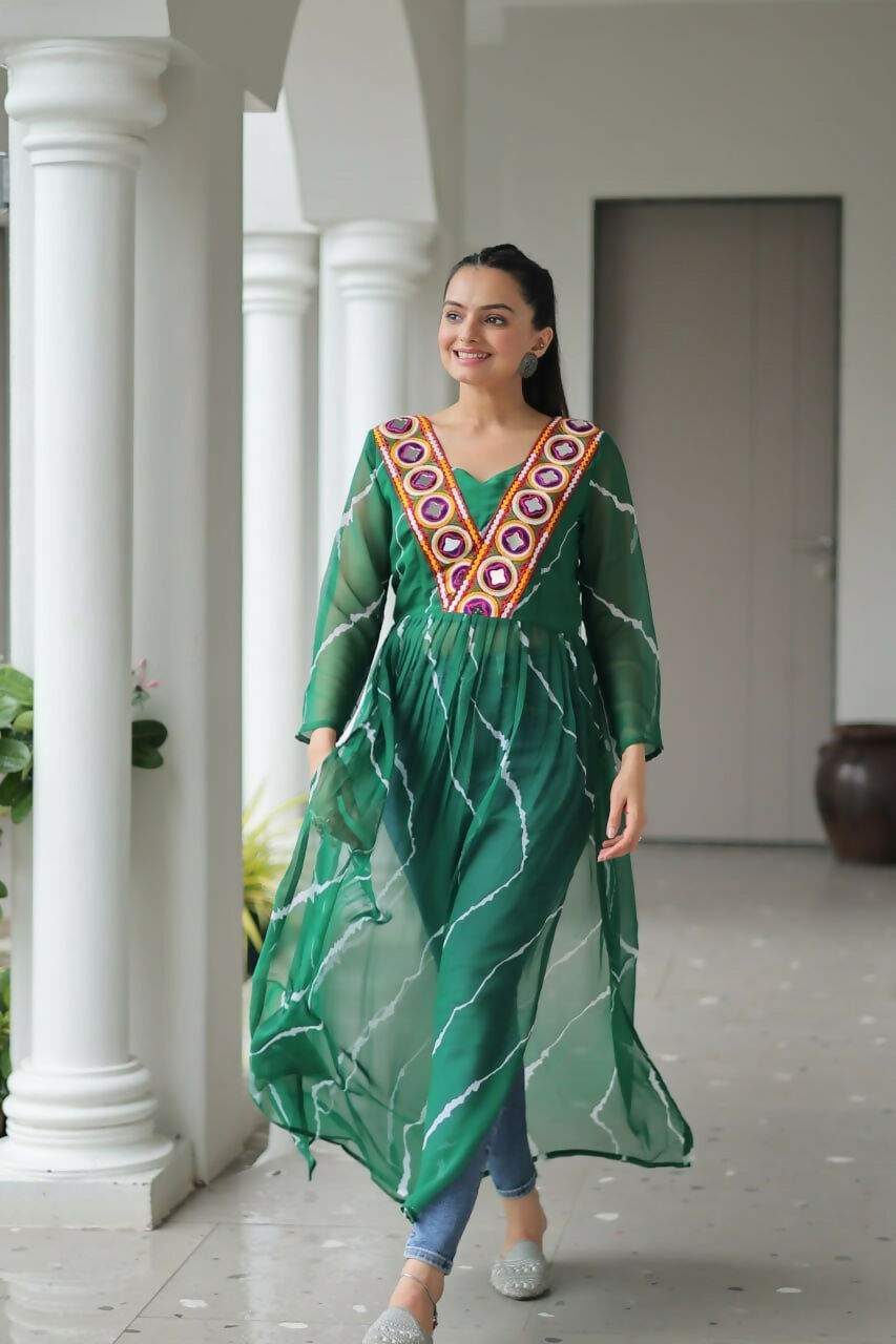 Vastranavya Green Navratri Special Kutchi Patch Work with Leheriya Printed Kurti