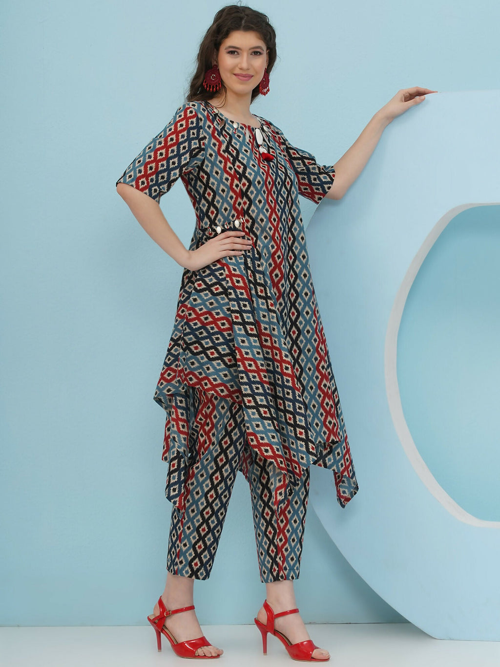 Joban Fashion Ikkat Printed Co Ord Set - Blue Red