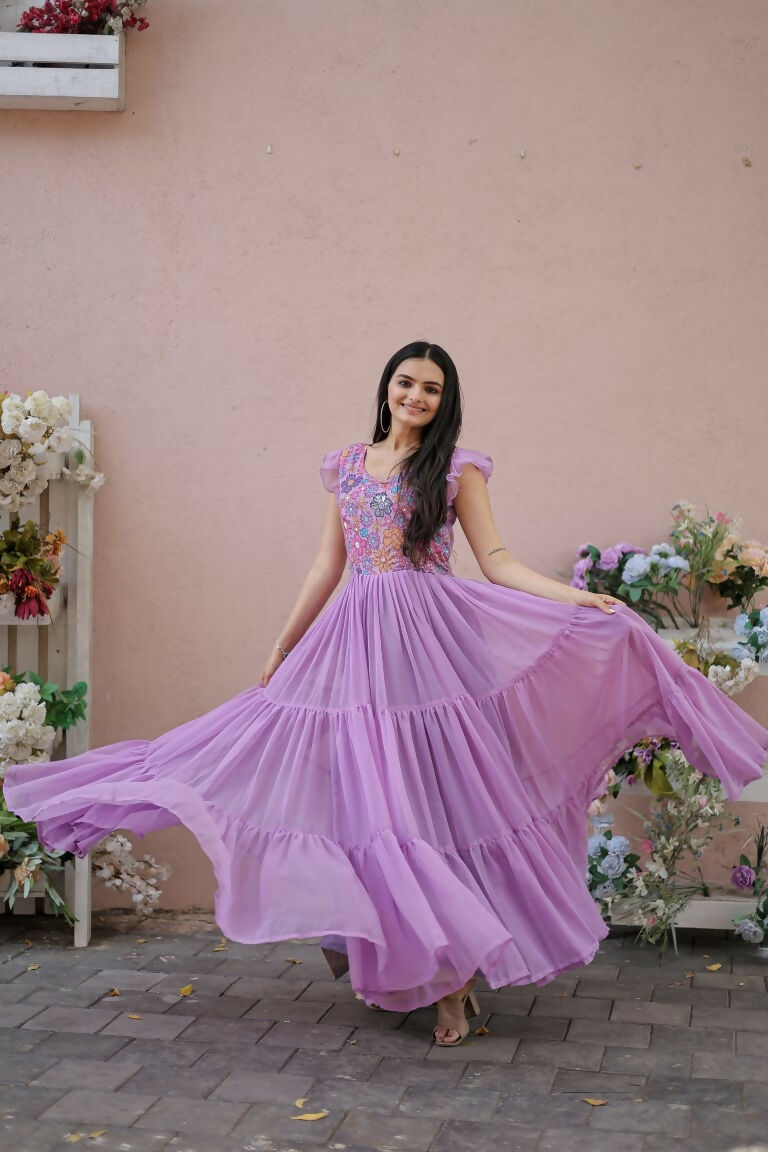 Jyoti Fashion Women's Purple Printed with Sequins Faux Georgette Anarkali Dress