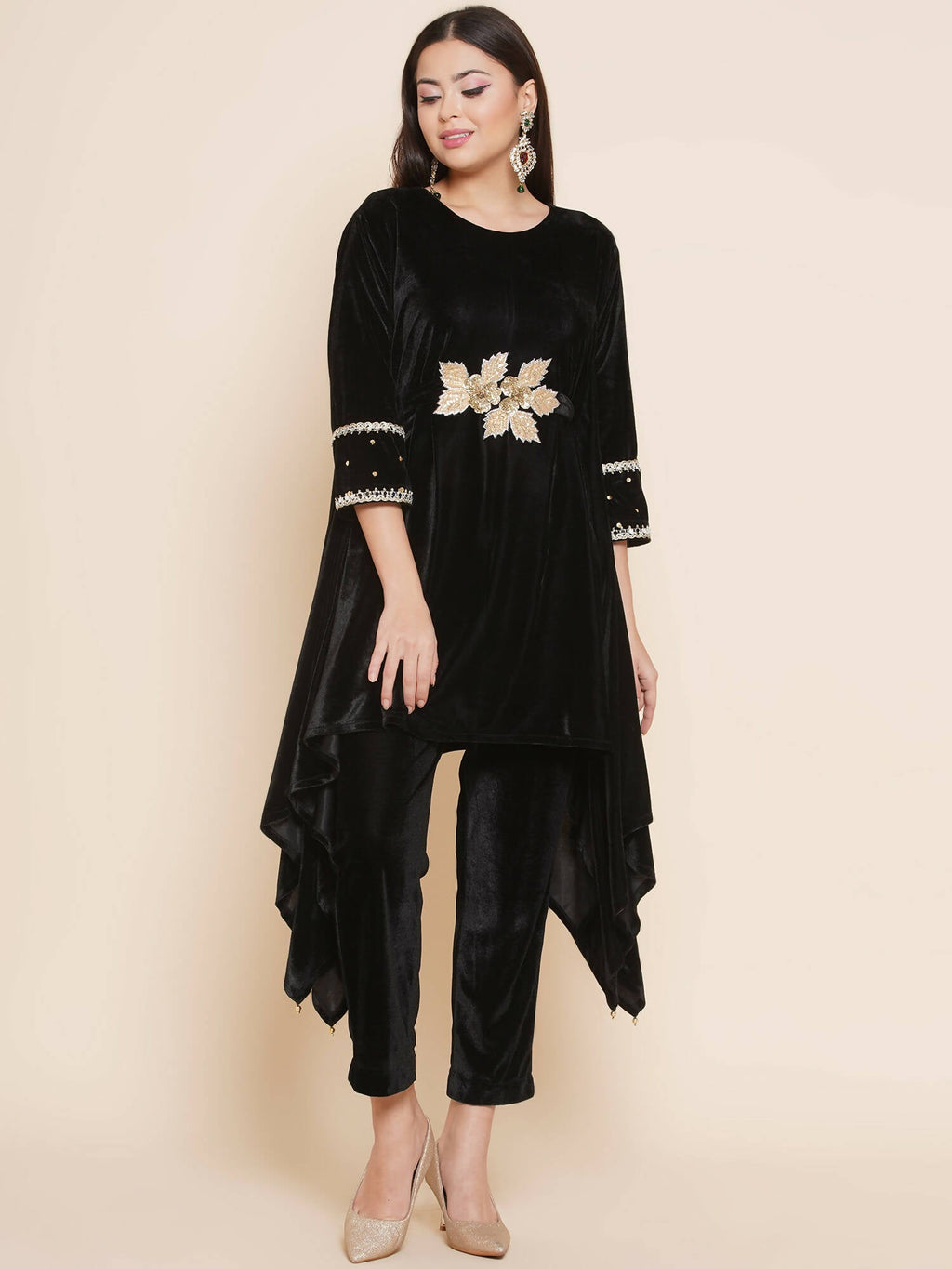 Women Republic Black Velvet Kaftaan Style Kurta With Pants