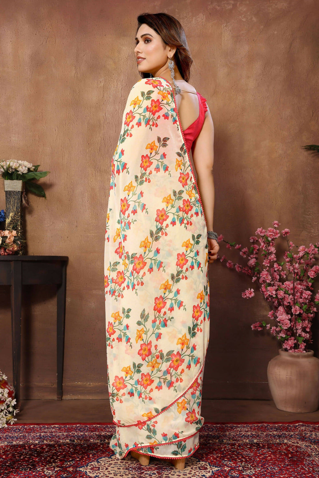 Partywear Designer Cream Georgette Fancy Saree - Satrangi