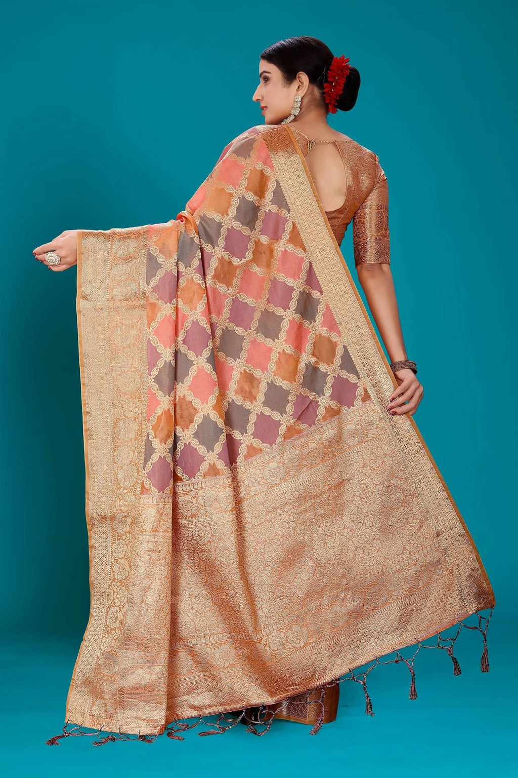 Orange Soft Organza Woven Design Saree with Unstitched Blouse Piece - Zaara