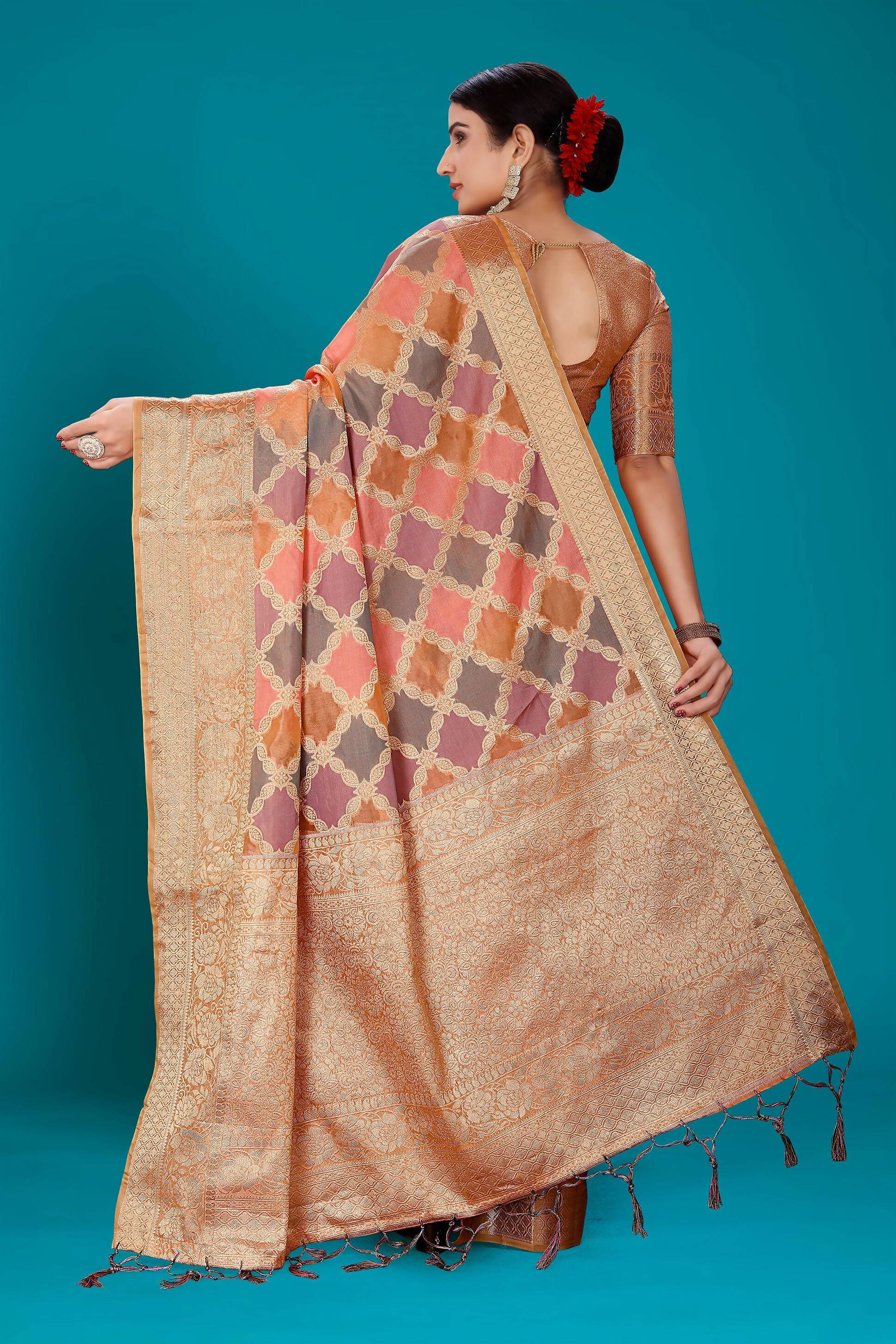 Orange Soft Organza Woven Design Saree with Unstitched Blouse Piece - Zaara