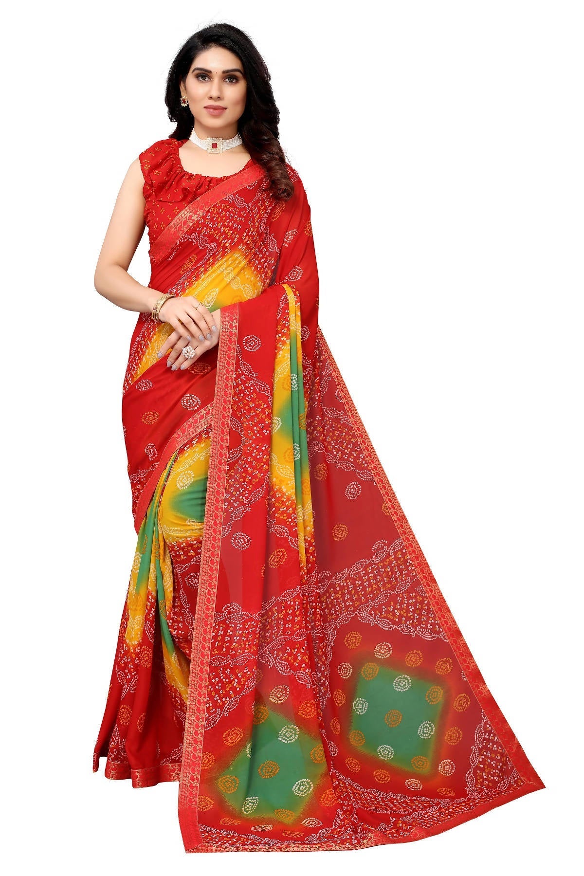 Vamika Ethnic Fire Red Printed With Lace Saree