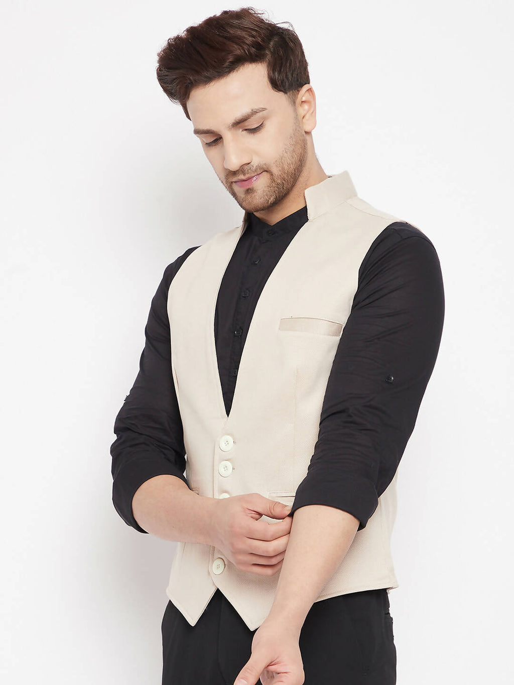 Even Apparels Cream Merino Men Woven Nehru Jacket