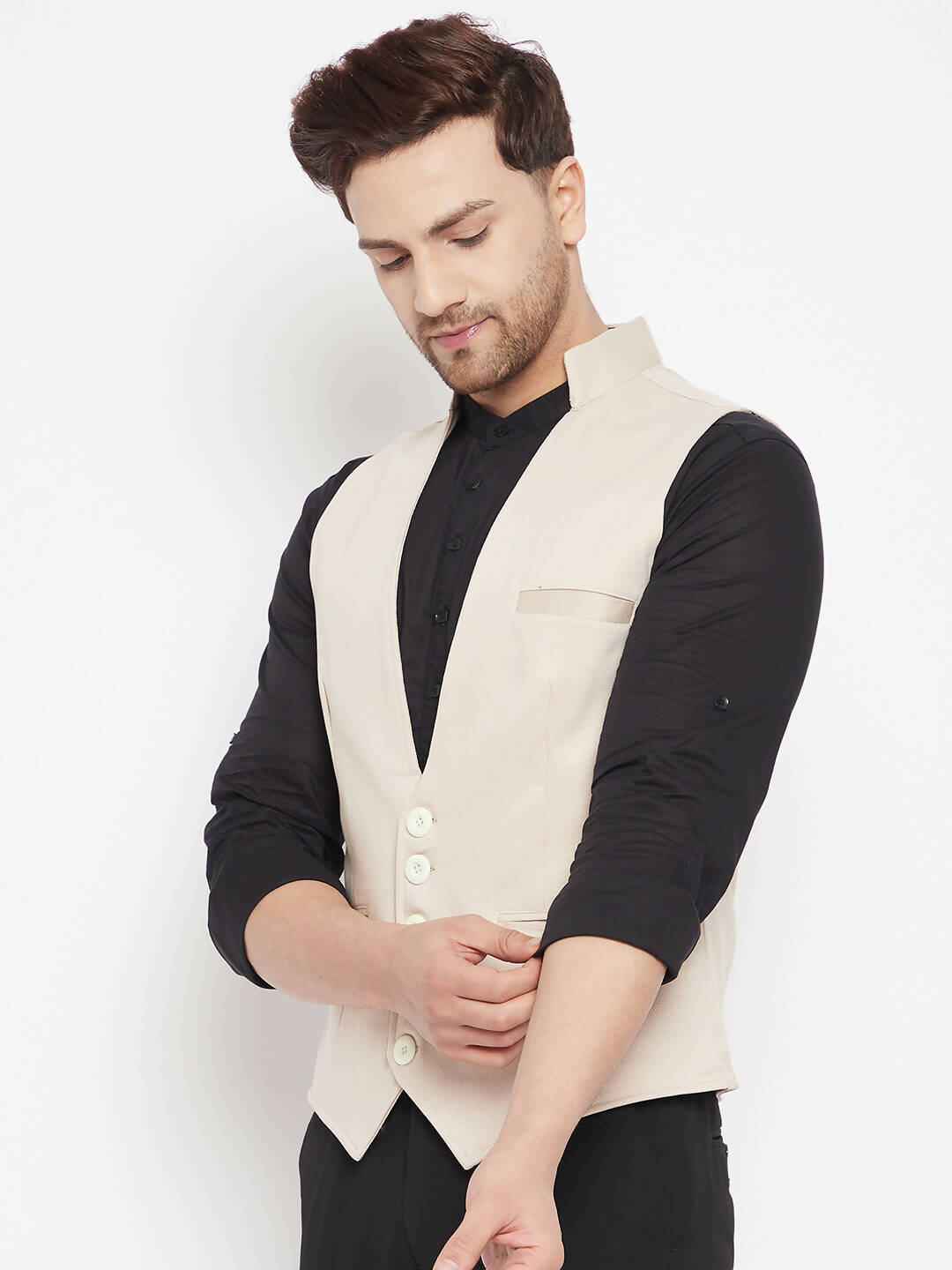 Even Apparels Cream Merino Men Woven Nehru Jacket