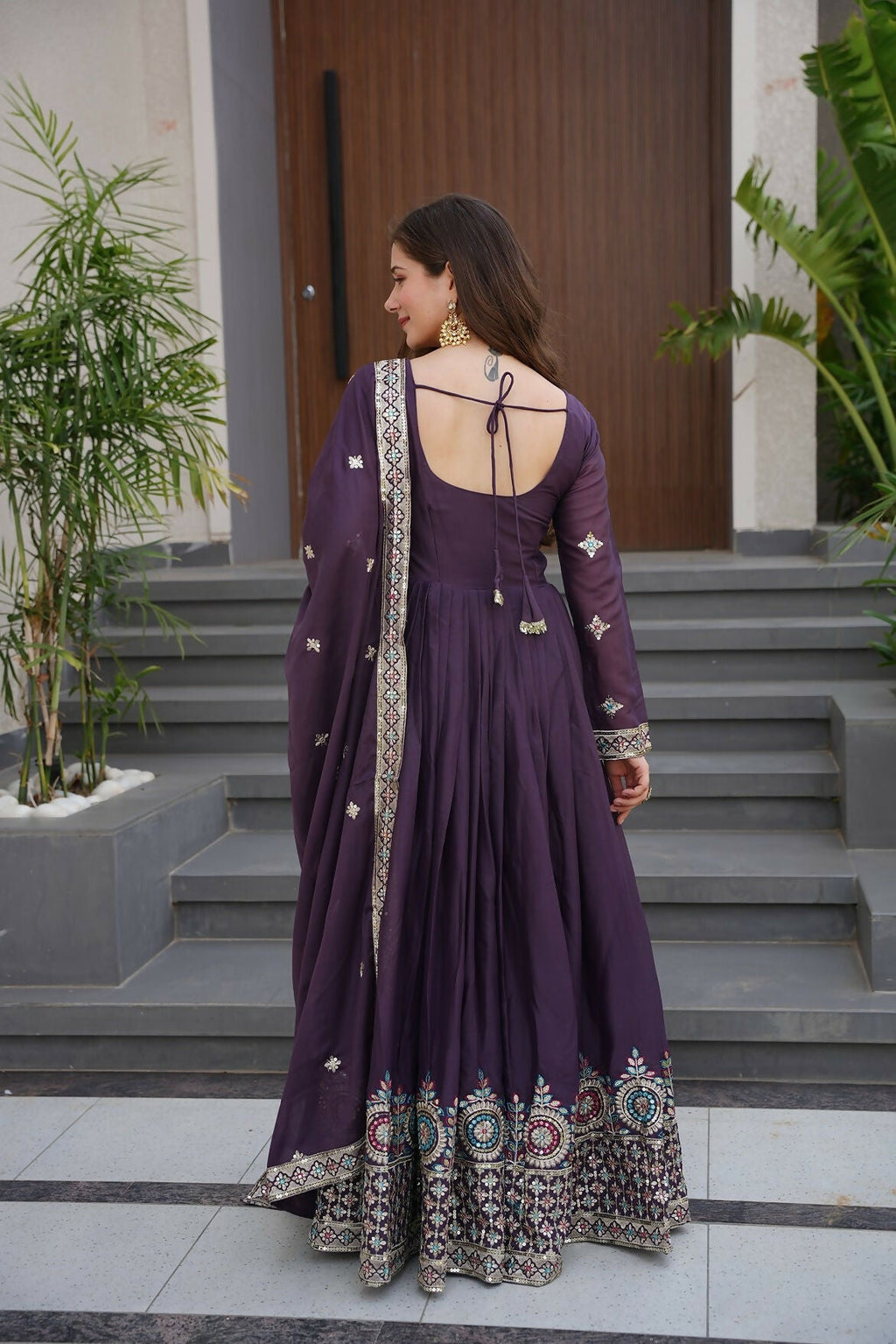 Teeya Creation Violet Color Pure Diamond Silk Wedding Wear Long Gown