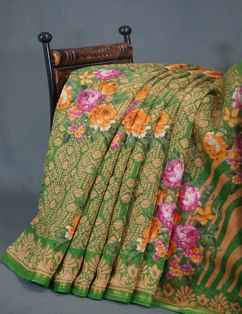 Shades Of Parrot Green Floral Design Semi Chanderi Saree By Gayathri Reddy Designer Studio