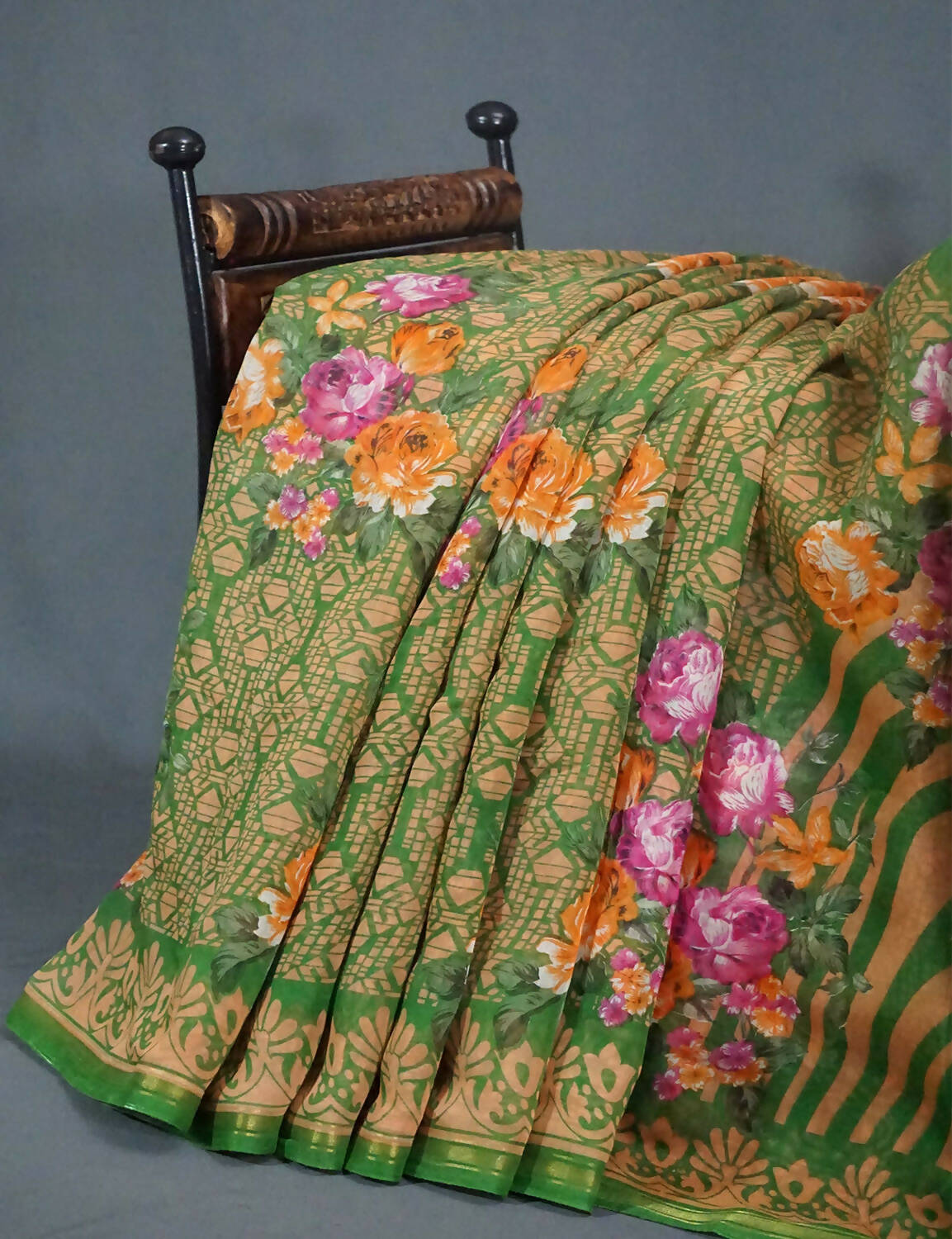 Shades Of Parrot Green Floral Design Semi Chanderi Saree By Gayathri Reddy Designer Studio