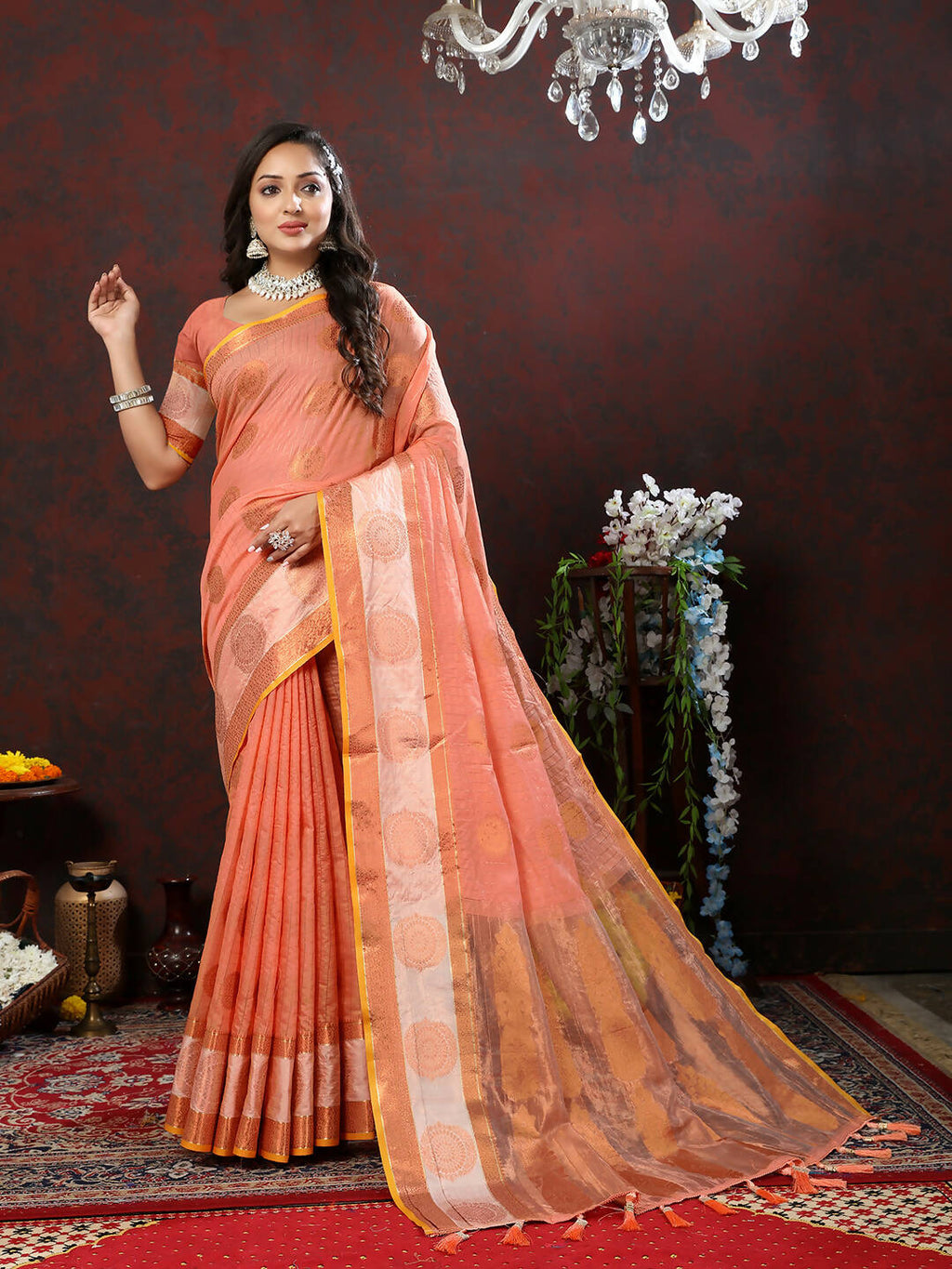 Lorenvalley Fashion Peach Cotton with Woven Design Zari Weaving Saree