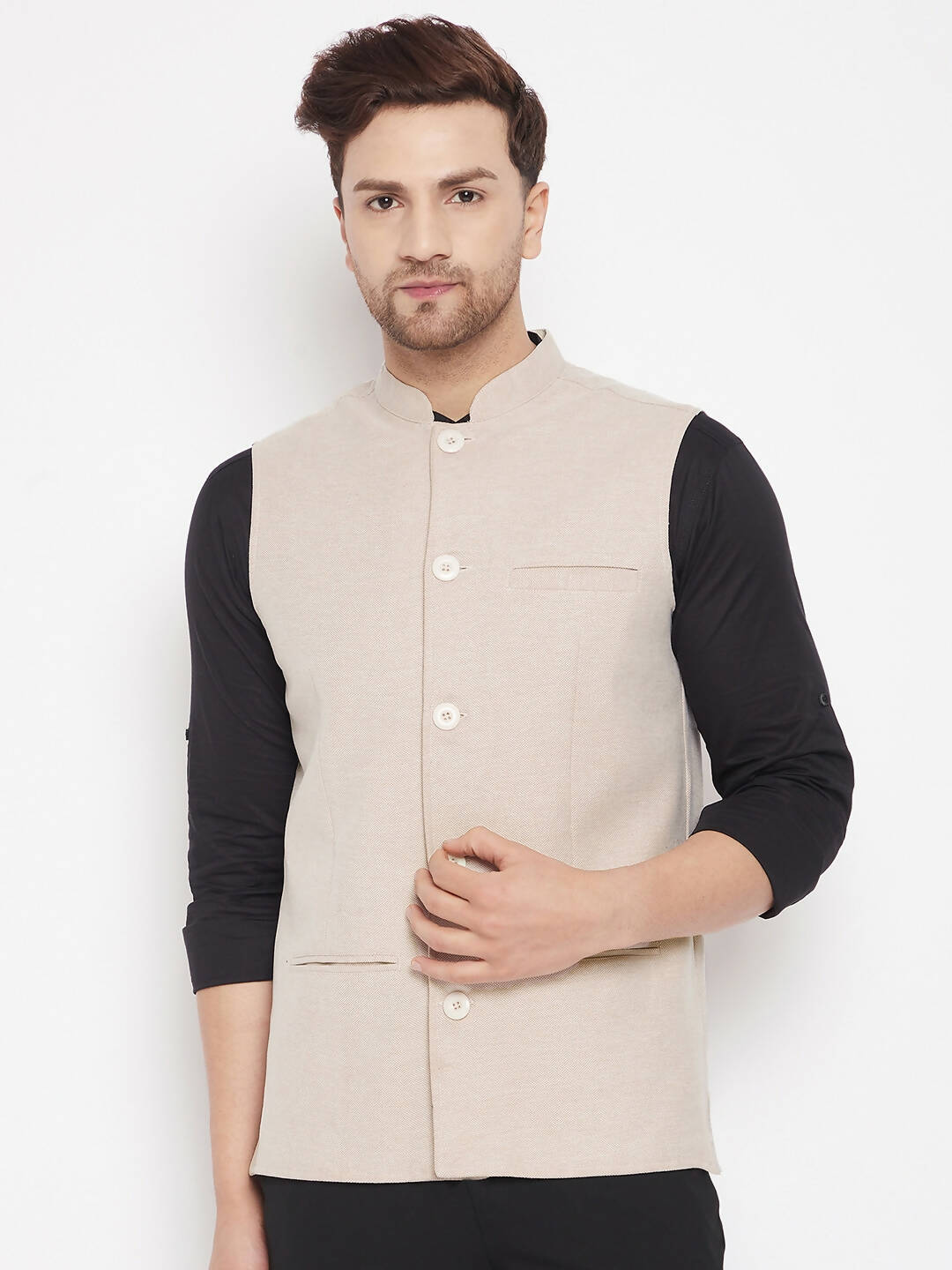 Even Apparels Cream Merino Men Woven Nehru Jacket