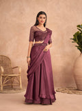 Wine Satin Embroidered Ready To Wear Saree With Unstitched Blouse Piece - Nandika