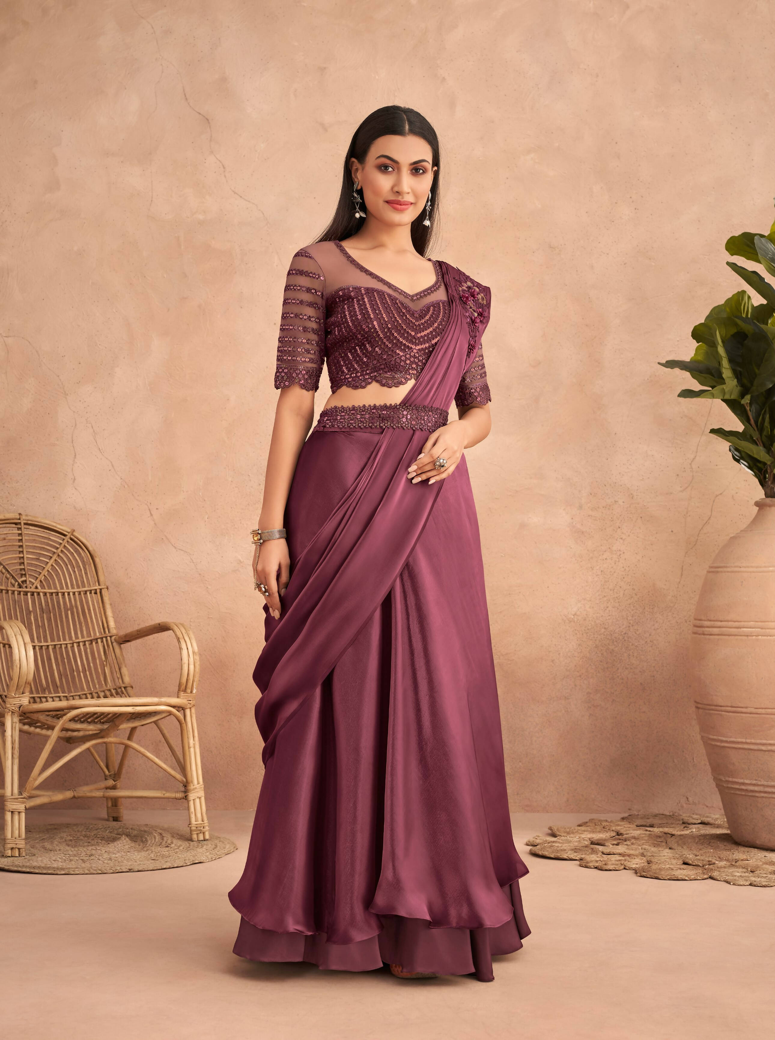 Wine Satin Embroidered Ready To Wear Saree With Unstitched Blouse Piece - Nandika