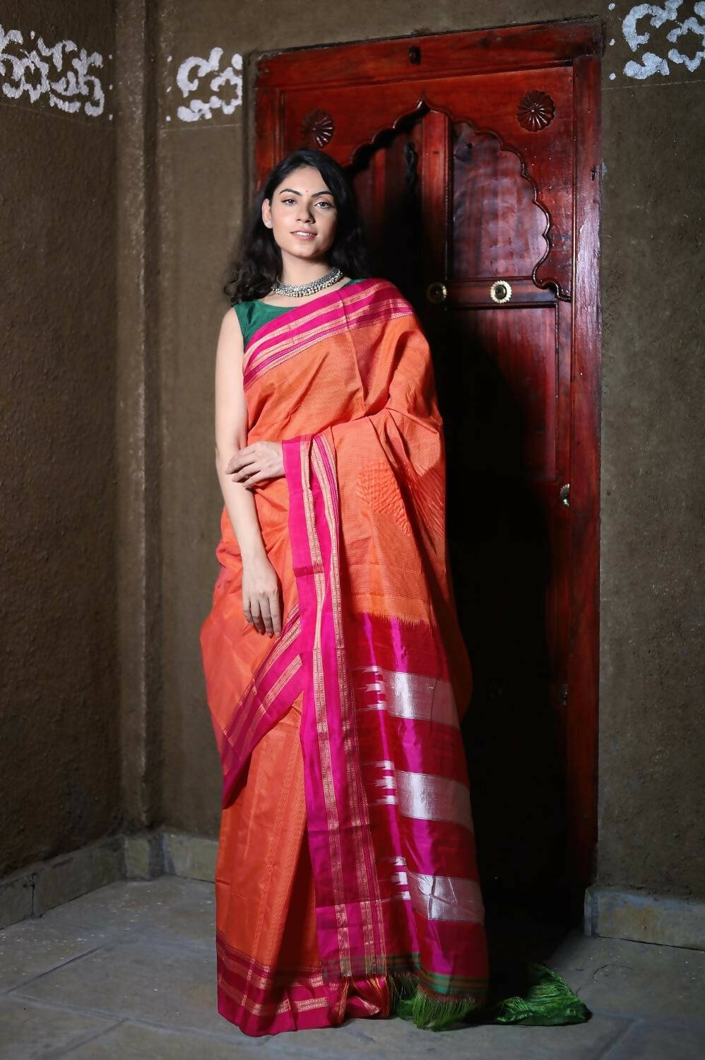 Very Much Indian Handloom Cotton Viscose Ilkal Saree With Pure Resham Pallu - Orange