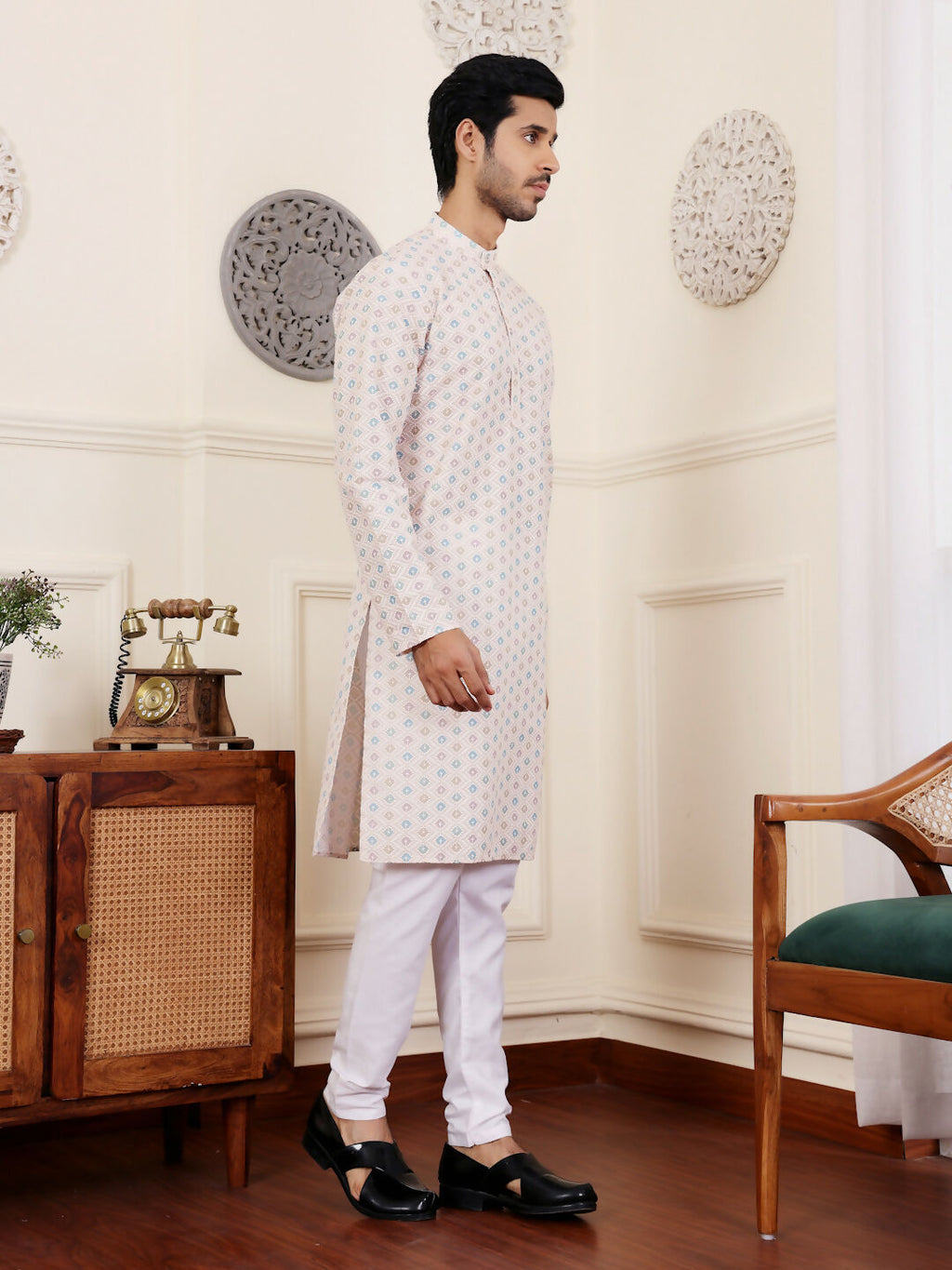 Off White Viscose Chikankari Embroidery Work Men's Rajwadi Kurta Set - Mahotsav