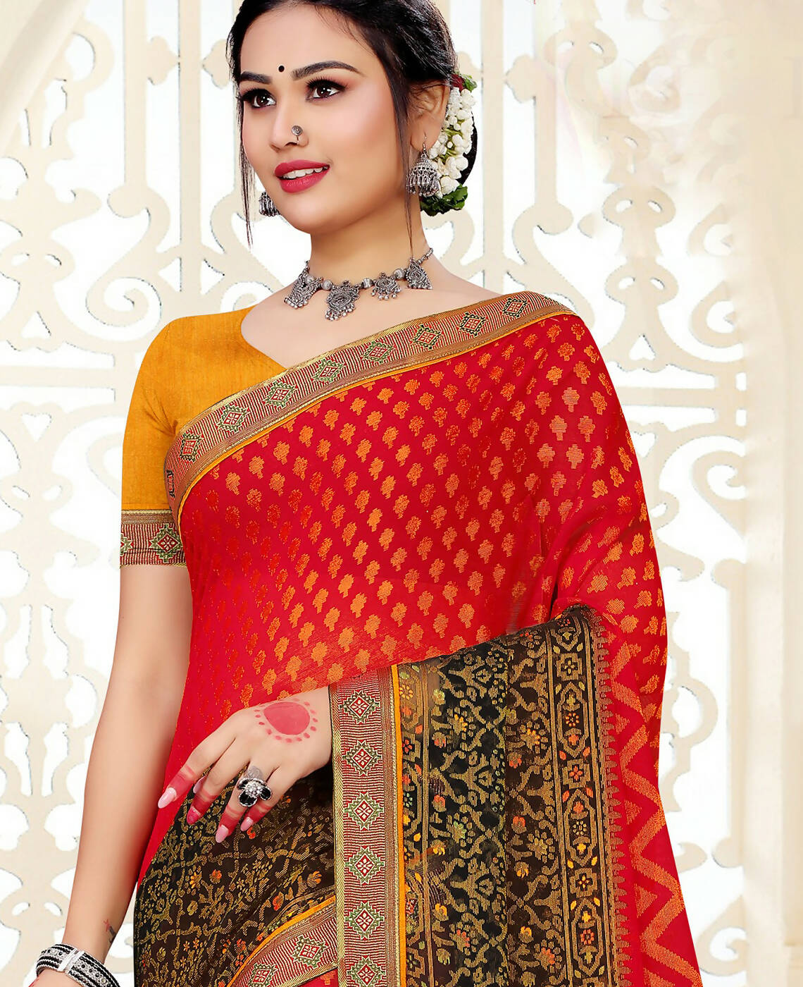 Red & Black Chiffon Brasso Printed Saree With Unstitched Blouse Piece - Jyoti