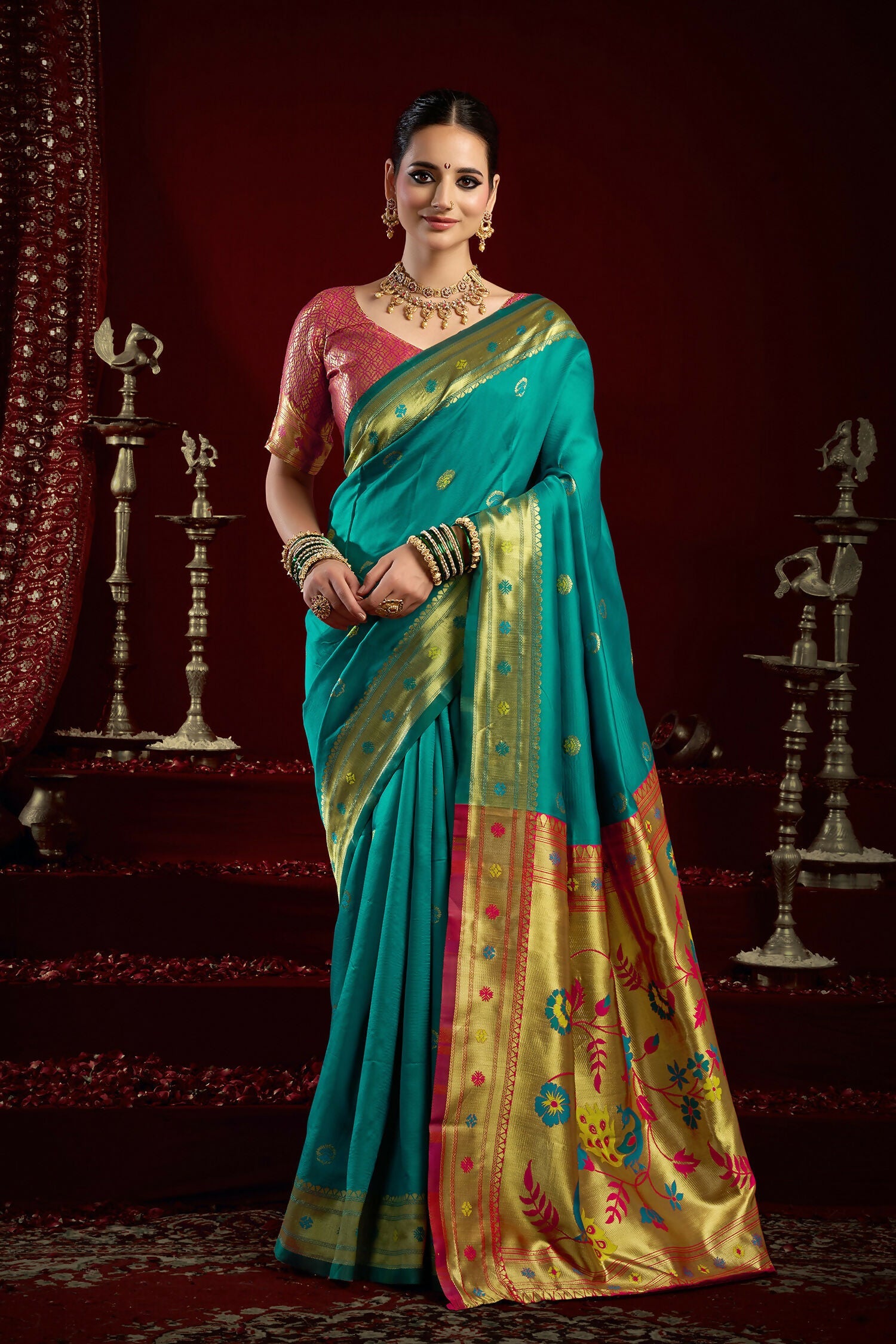 Joban Fashion Aqua Blue Paithani Silk Blend Butti Saree