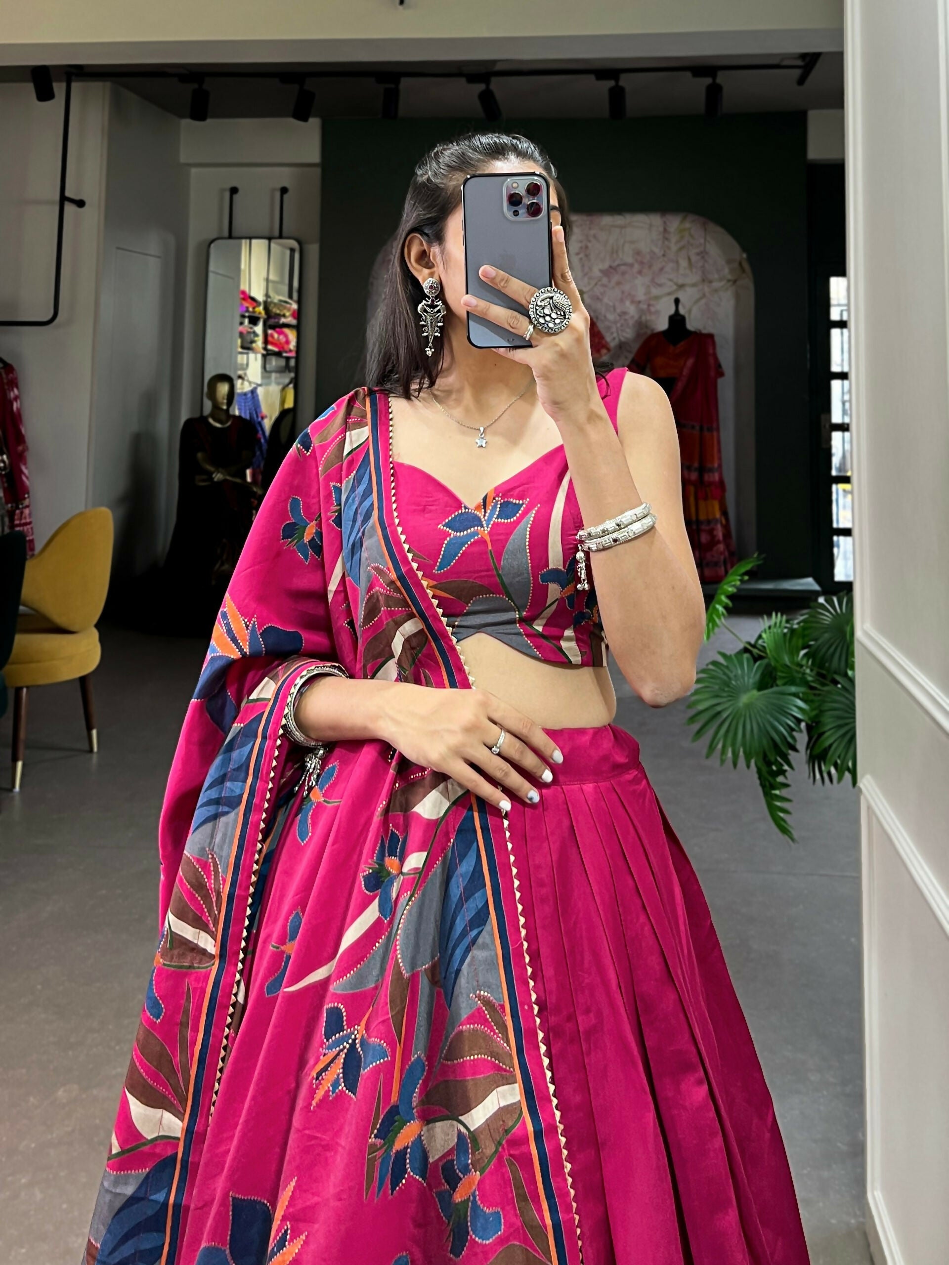 Vastranavya Polyester Viscose Chanderi Lehenga Choli With Intricate Print And Dupatta - Pink