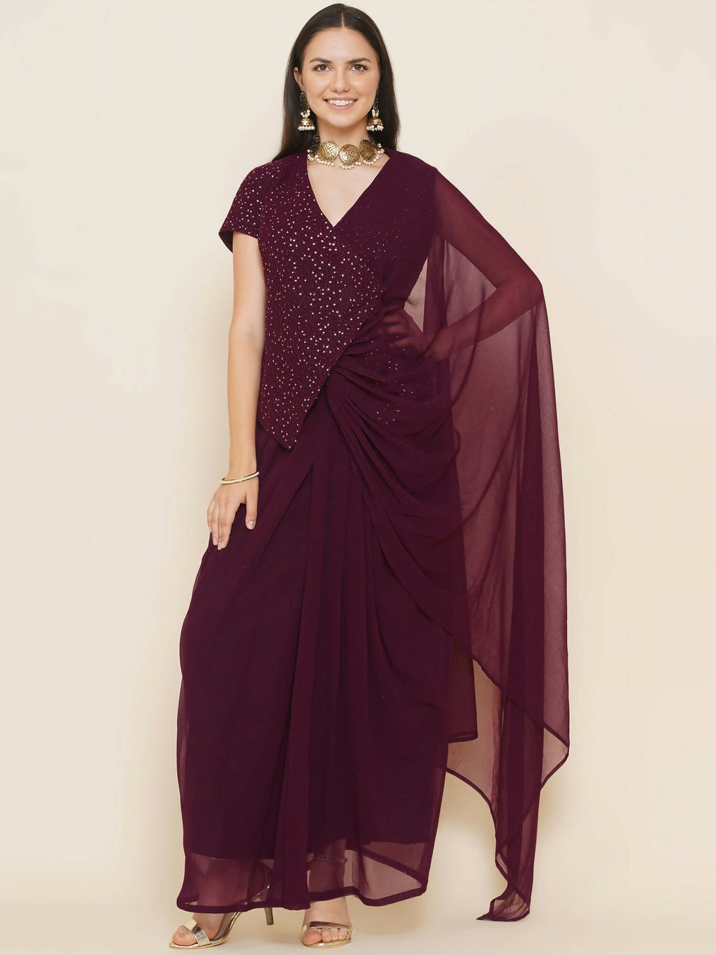 Women Republic Bronze Georgette Jacket With Skirt