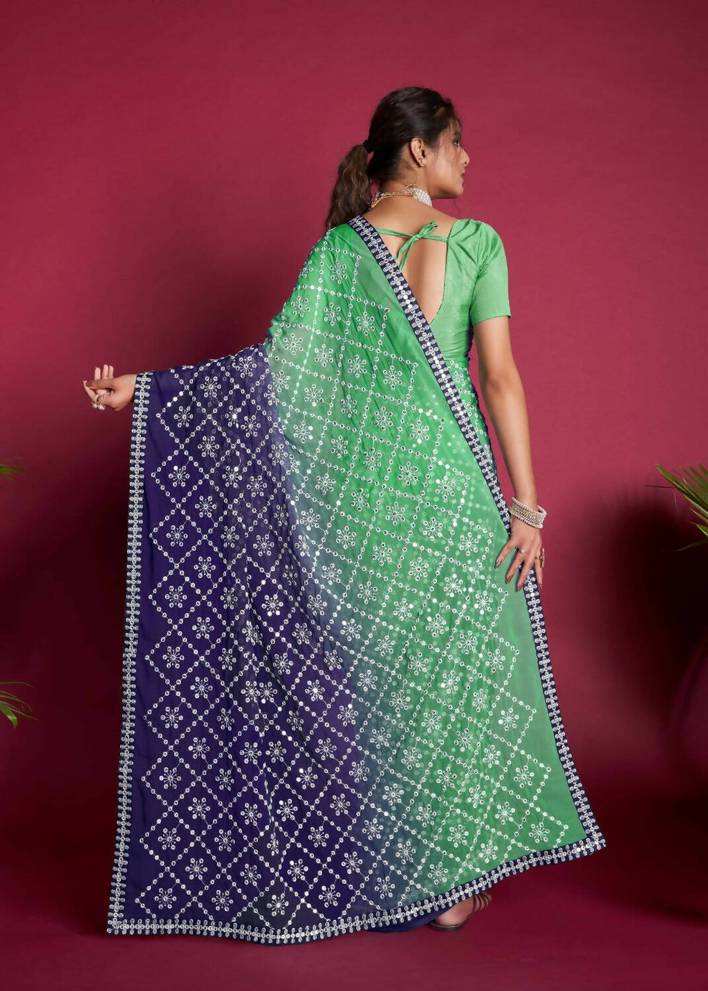 Vamsee Green And Blue Georgette Designer Saree