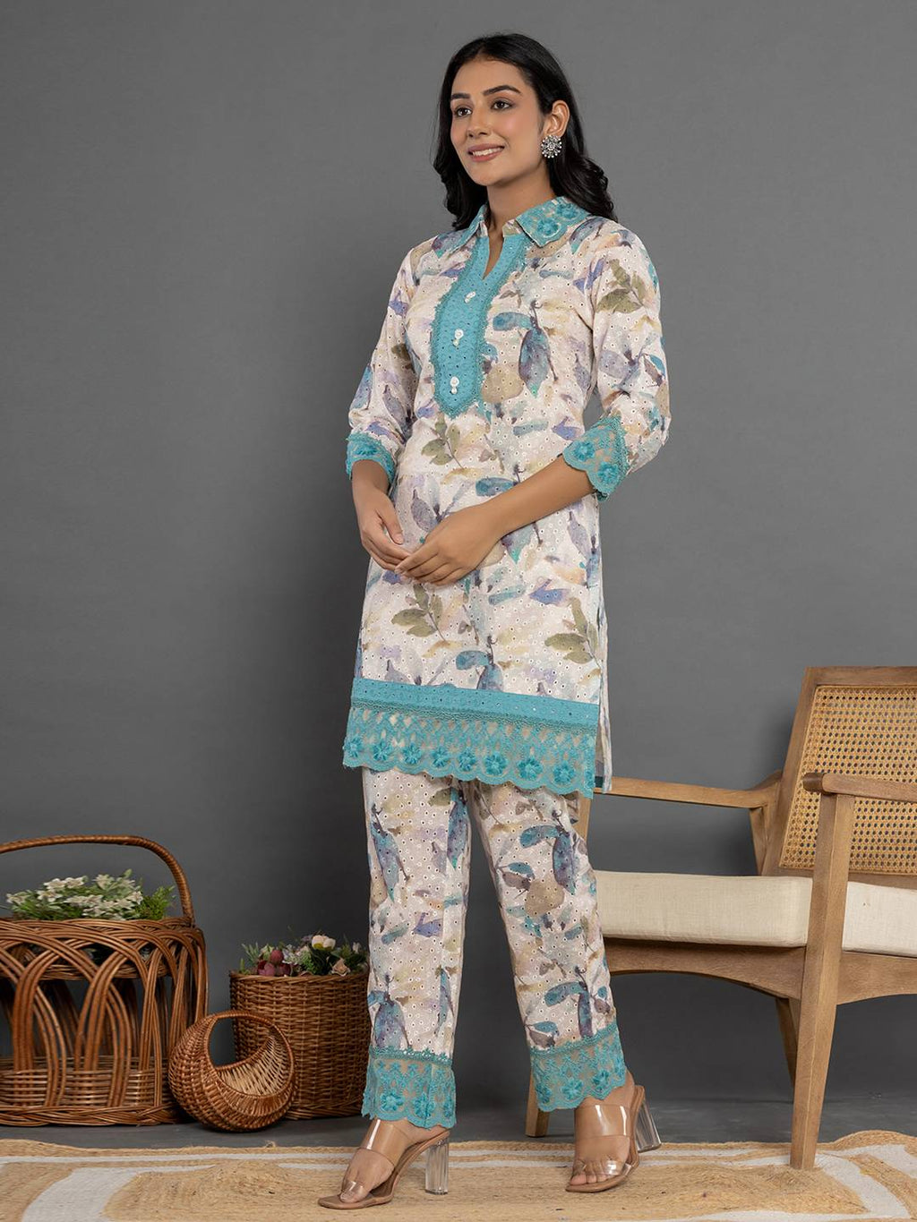 Yufta Turquoise Blue Cotton Schiffli Co-Ord Set With Lace