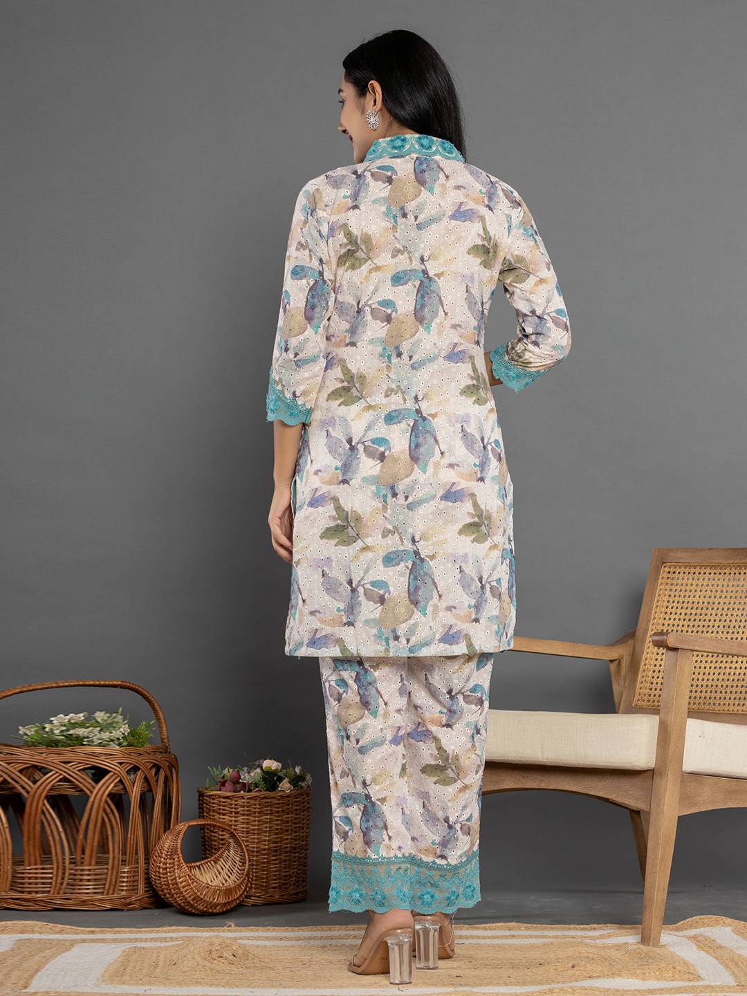 Yufta Turquoise Blue Cotton Schiffli Co-Ord Set With Lace