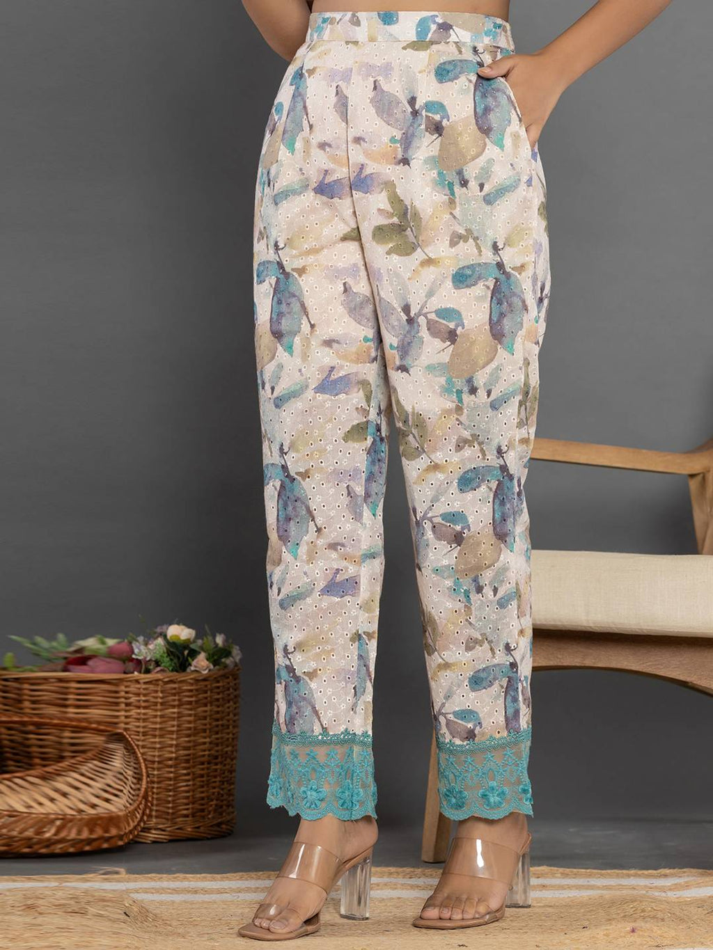 Yufta Turquoise Blue Cotton Schiffli Co-Ord Set With Lace