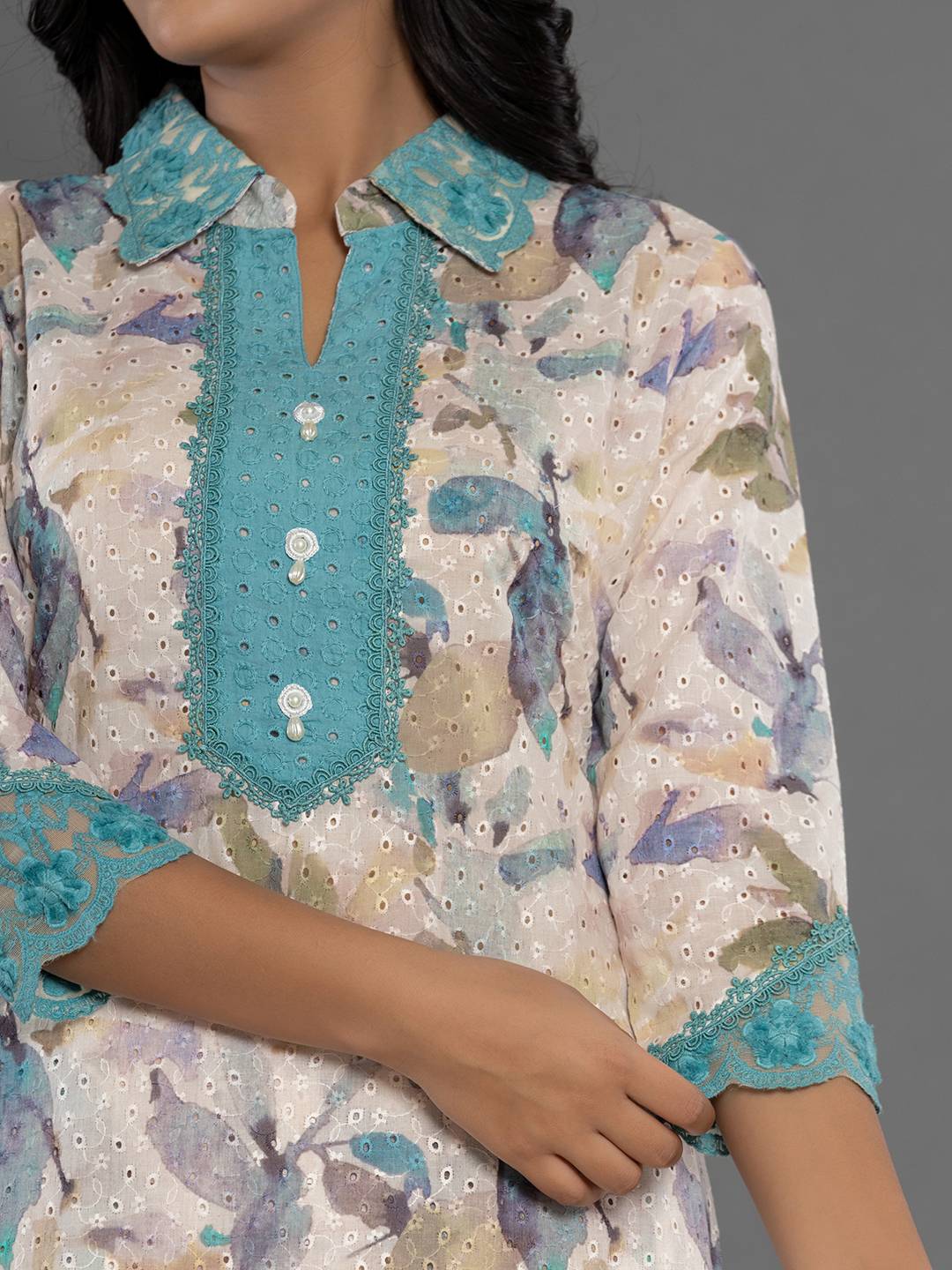 Yufta Turquoise Blue Cotton Schiffli Co-Ord Set With Lace