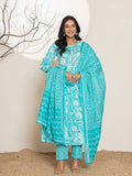 Yufta Turquoise Blue Floral Print Embroidery Cotton Anarkali Suit Set