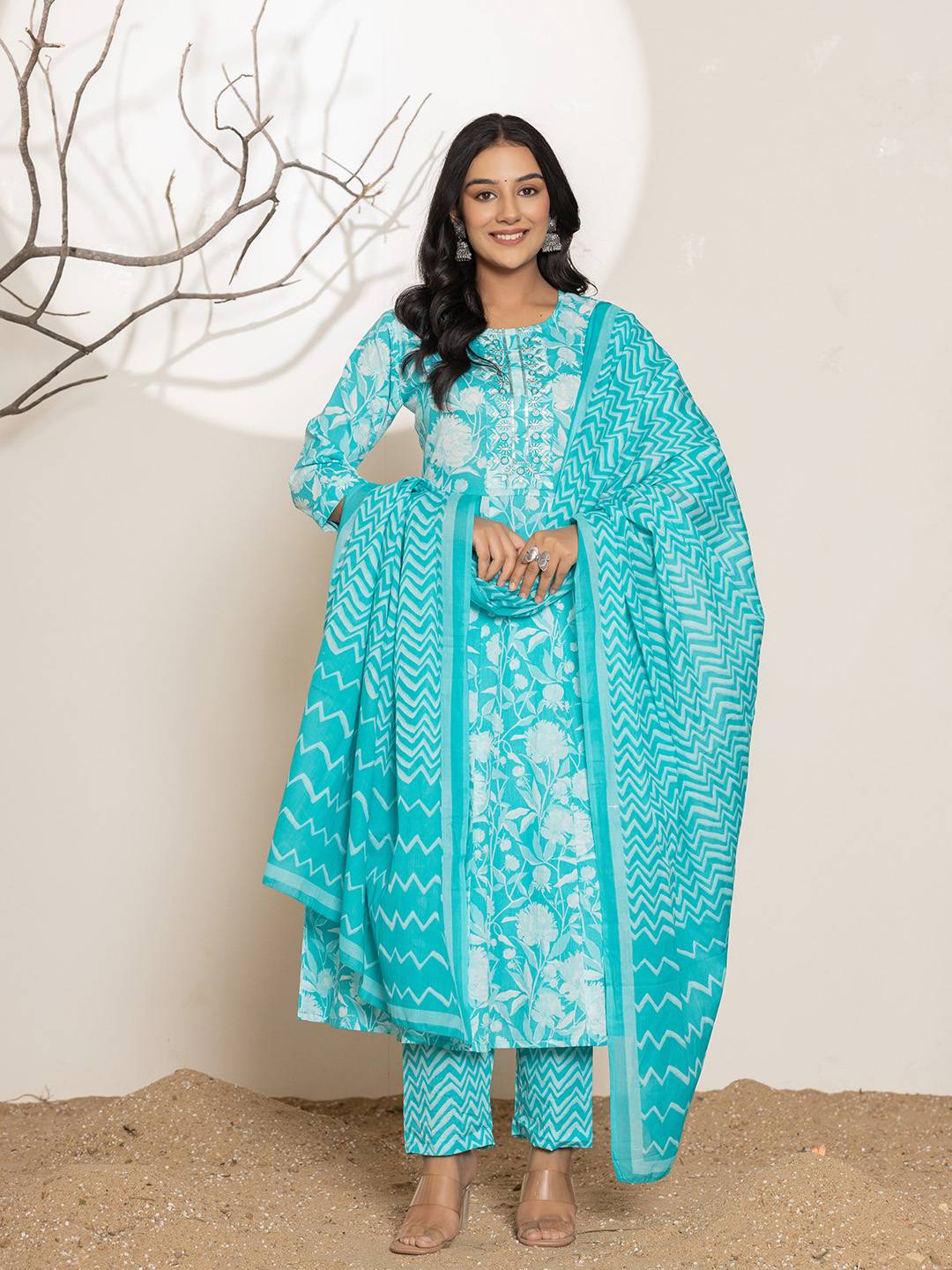 Yufta Turquoise Blue Floral Print Embroidery Cotton Anarkali Suit Set