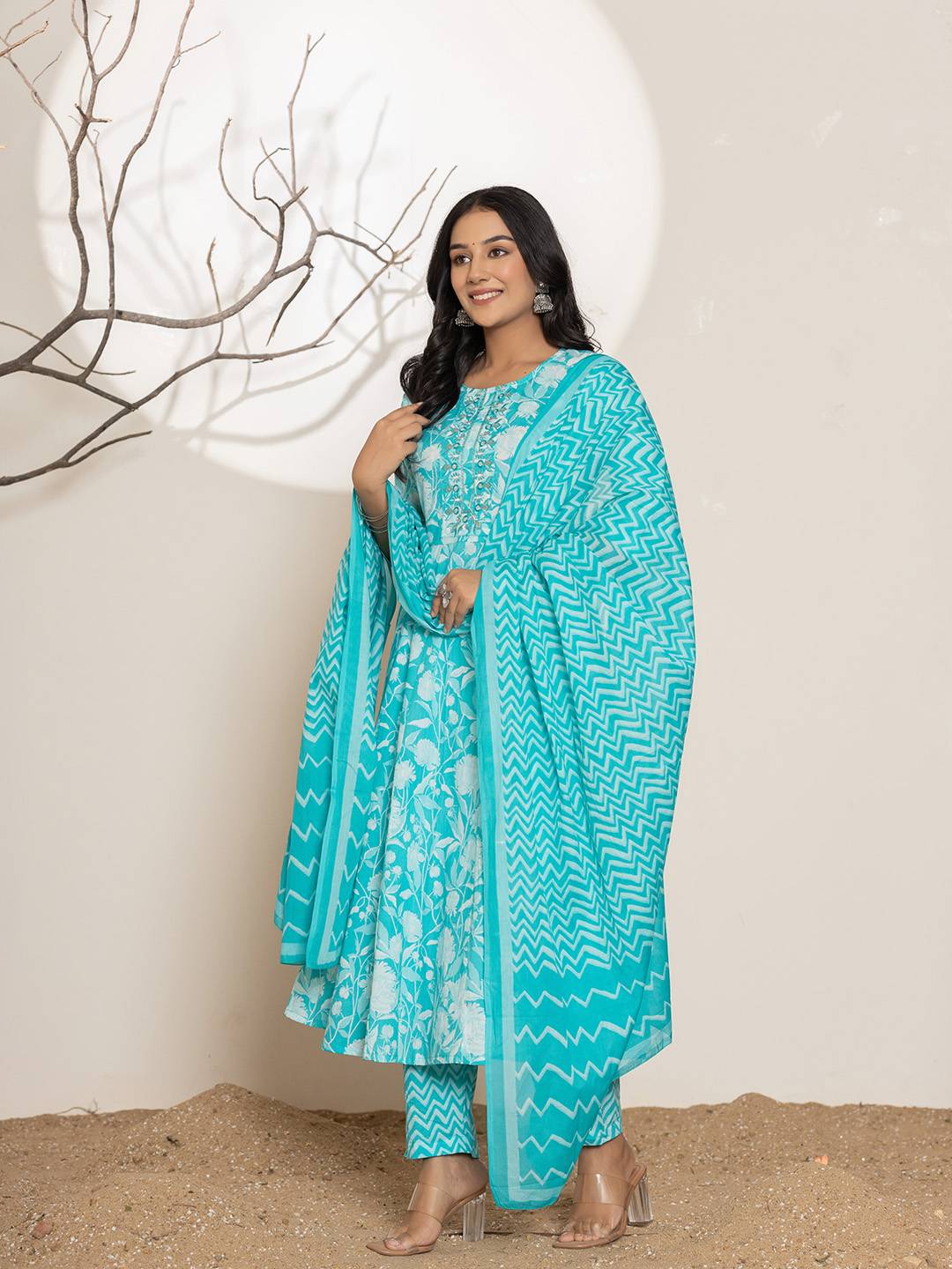 Yufta Turquoise Blue Floral Print Embroidery Cotton Anarkali Suit Set