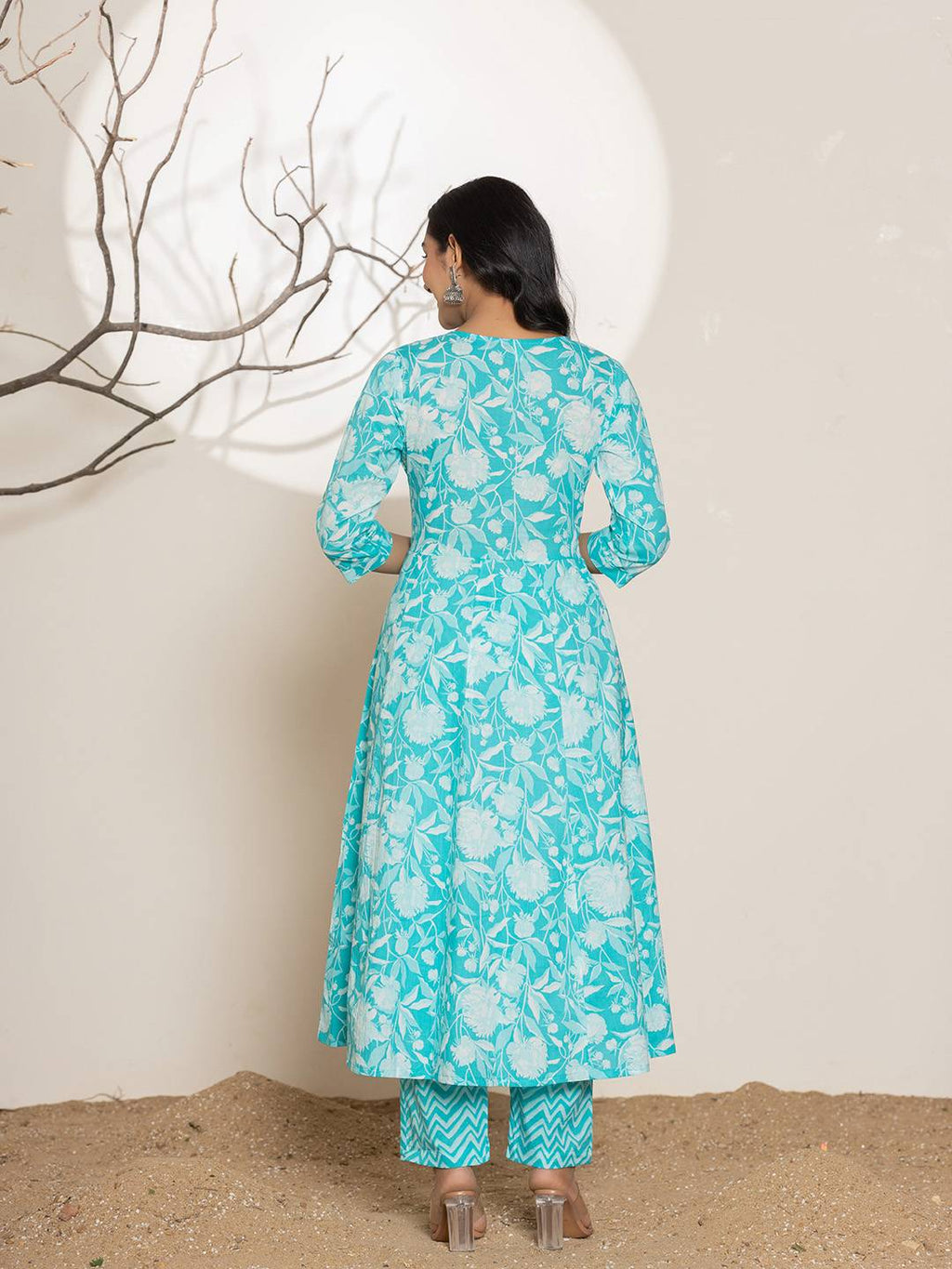 Yufta Turquoise Blue Floral Print Embroidery Cotton Anarkali Suit Set