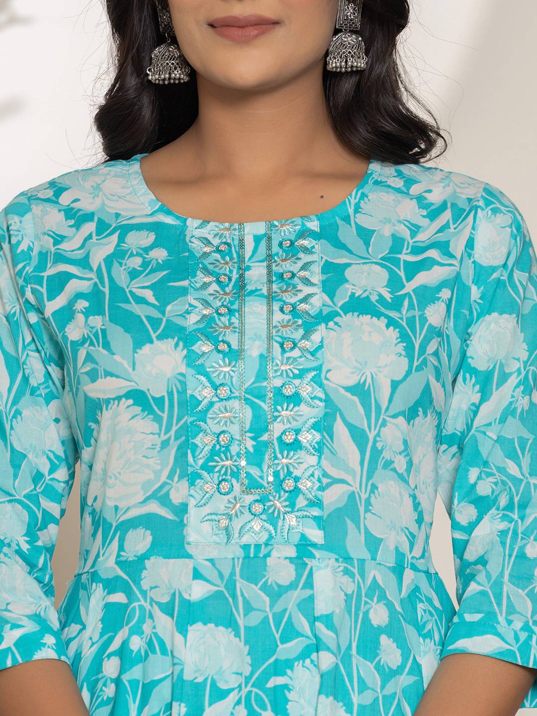 Yufta Turquoise Blue Floral Print Embroidery Cotton Anarkali Suit Set
