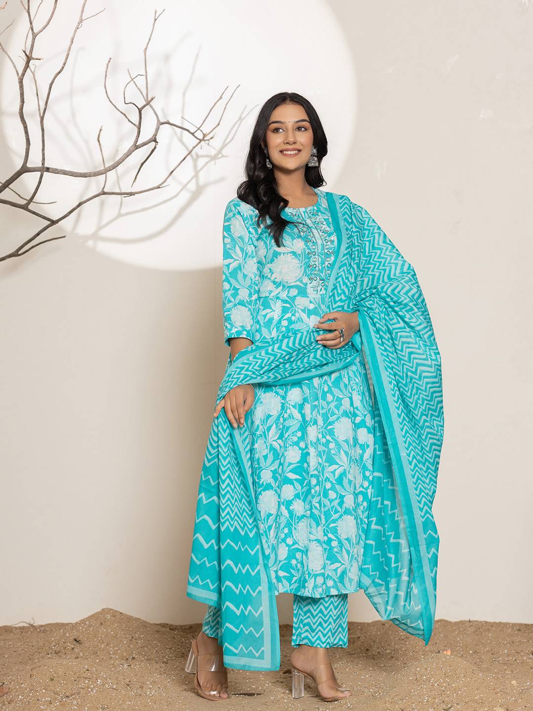 Yufta Turquoise Blue Floral Print Embroidery Cotton Anarkali Suit Set
