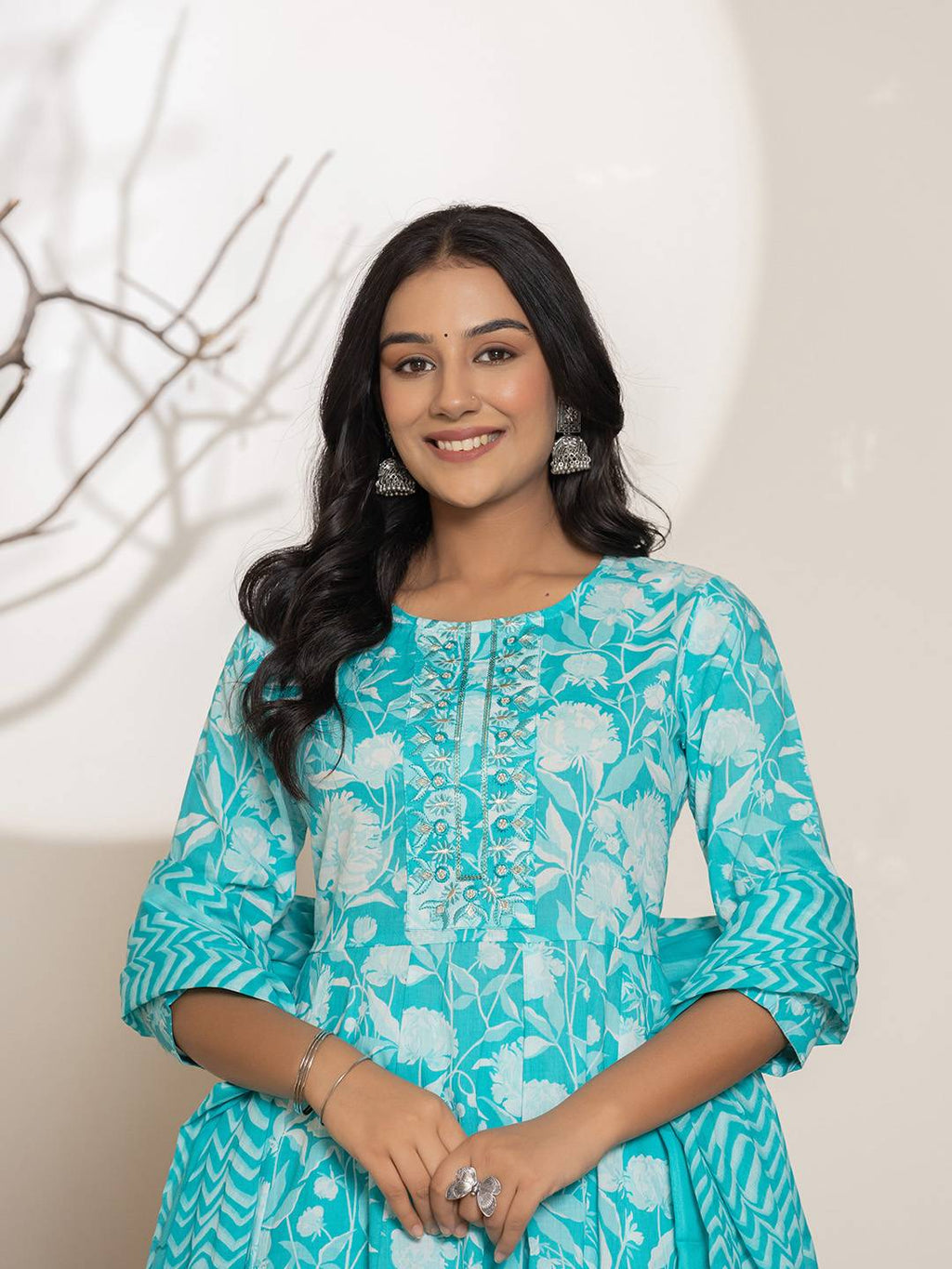 Yufta Turquoise Blue Floral Print Embroidery Cotton Anarkali Suit Set