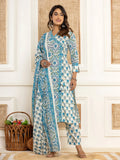 Yufta Turquoise Blue Printed Pure Cotton Straight Kurta Dupatta Set