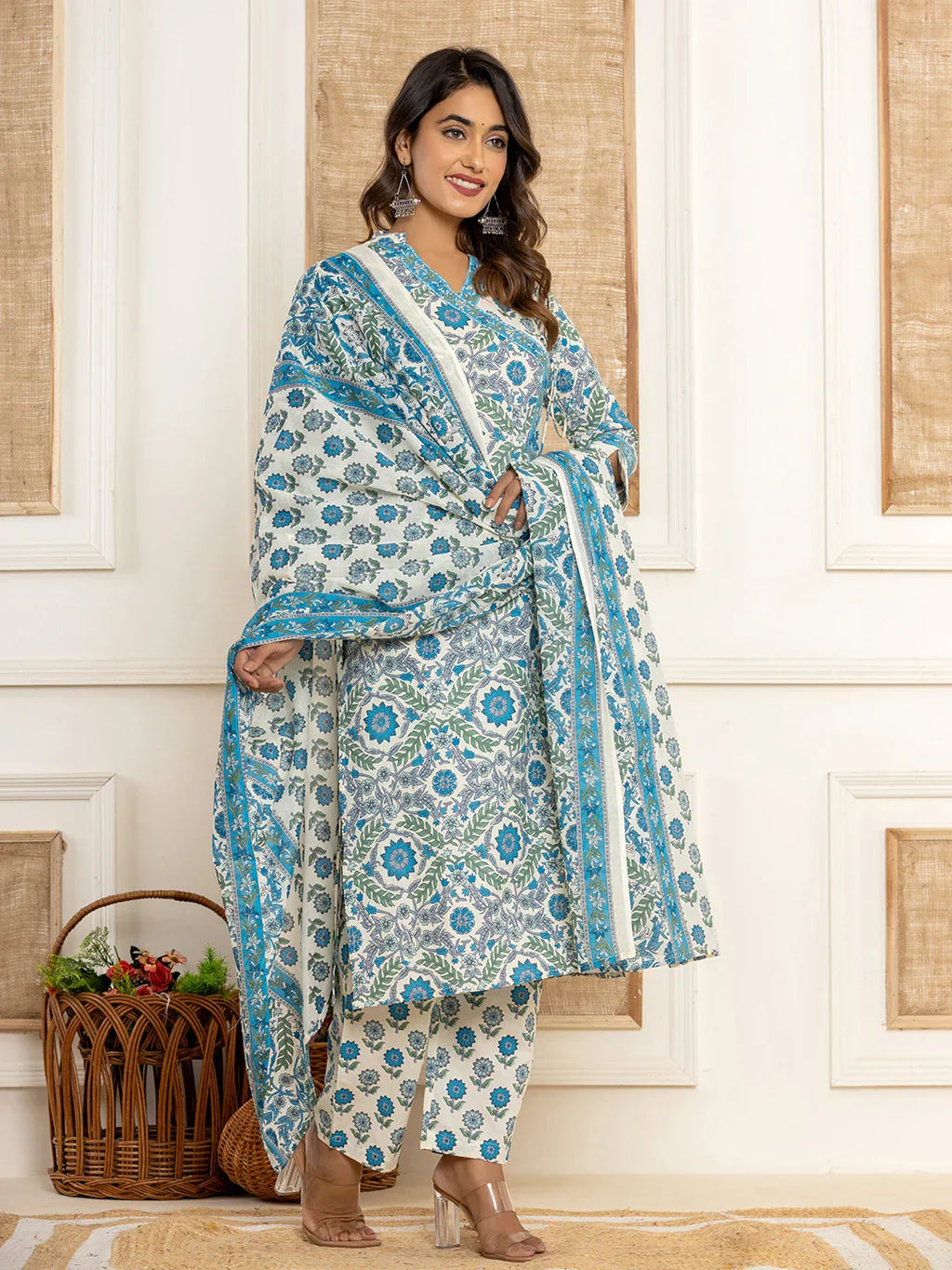 Yufta Turquoise Blue Printed Pure Cotton Straight Kurta Dupatta Set
