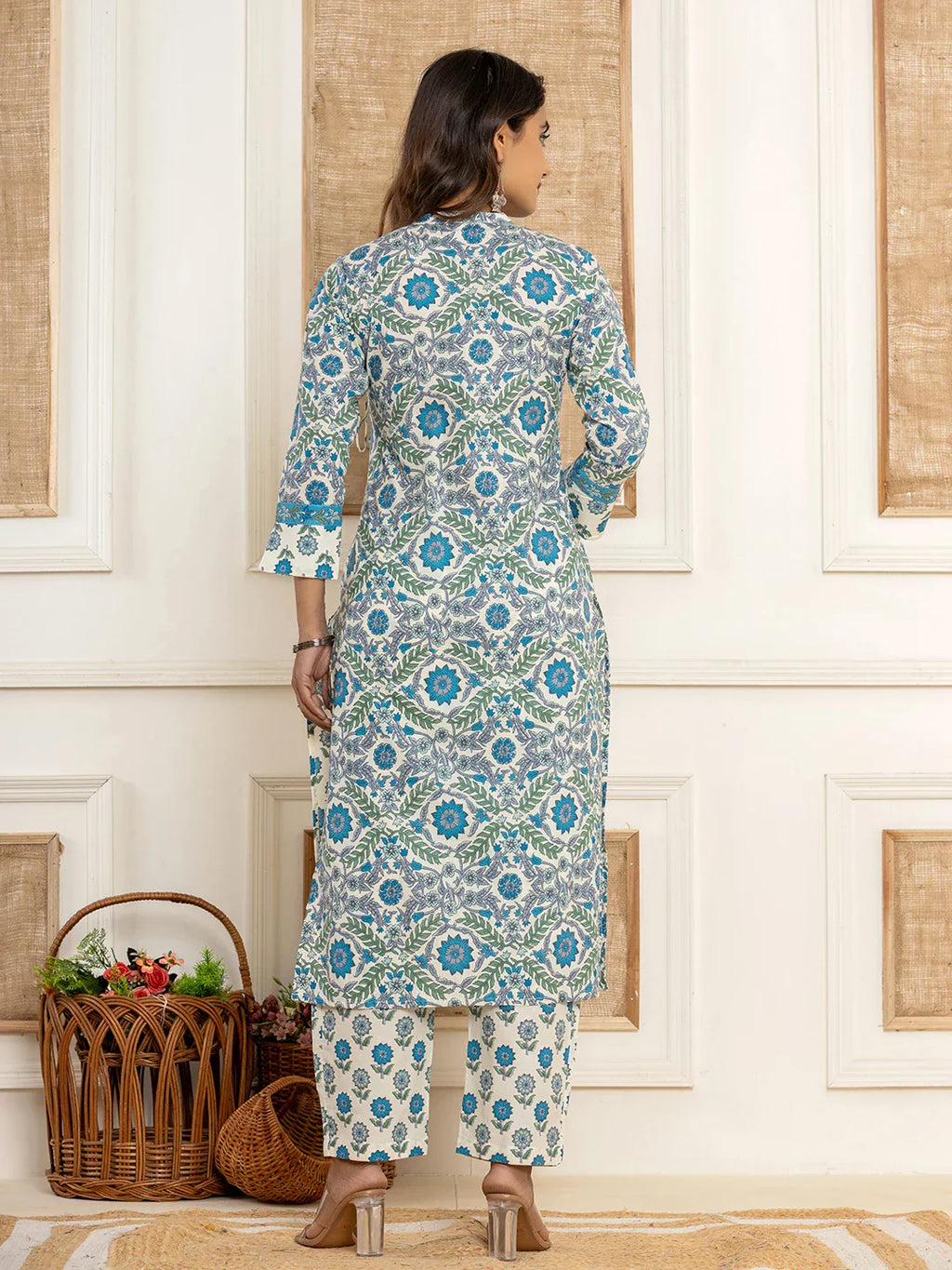 Yufta Turquoise Blue Printed Pure Cotton Straight Kurta Dupatta Set