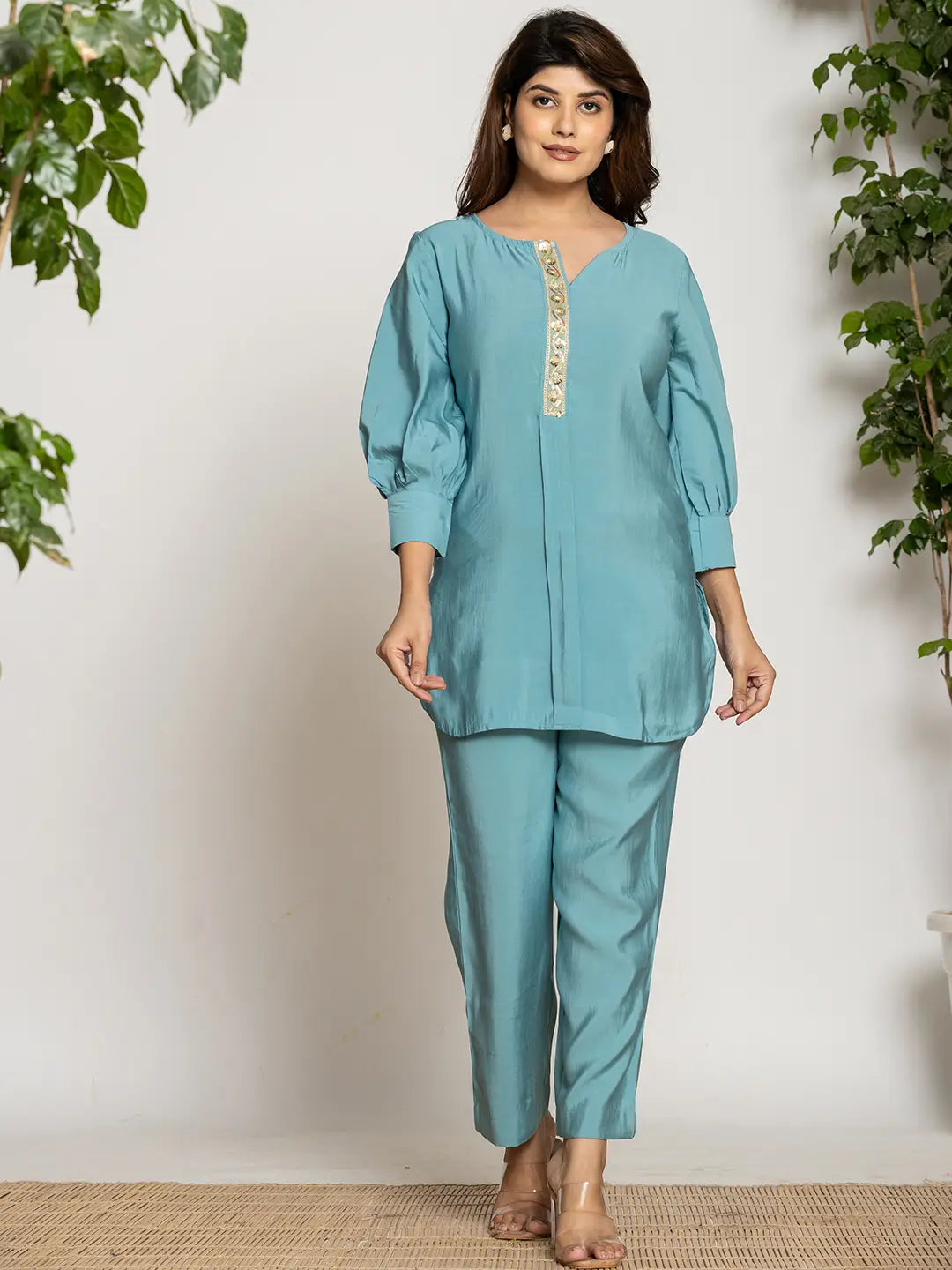 Yufta Turquoise Blue Silk Blend Solid Co-Ord Set