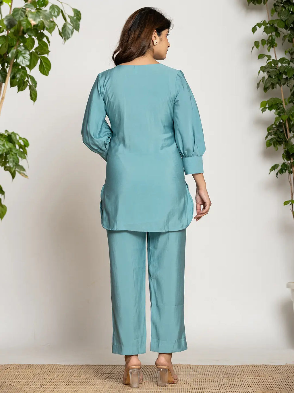 Yufta Turquoise Blue Silk Blend Solid Co-Ord Set