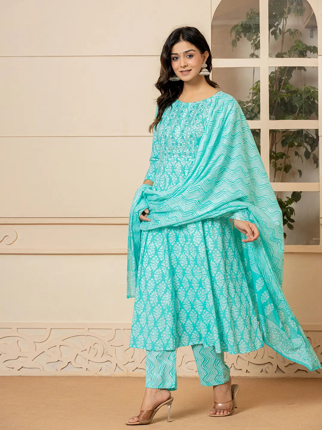 Yufta Turquoise Embroidered Pure Cotton Anarkali Kurta Trouser With Dupatta Set