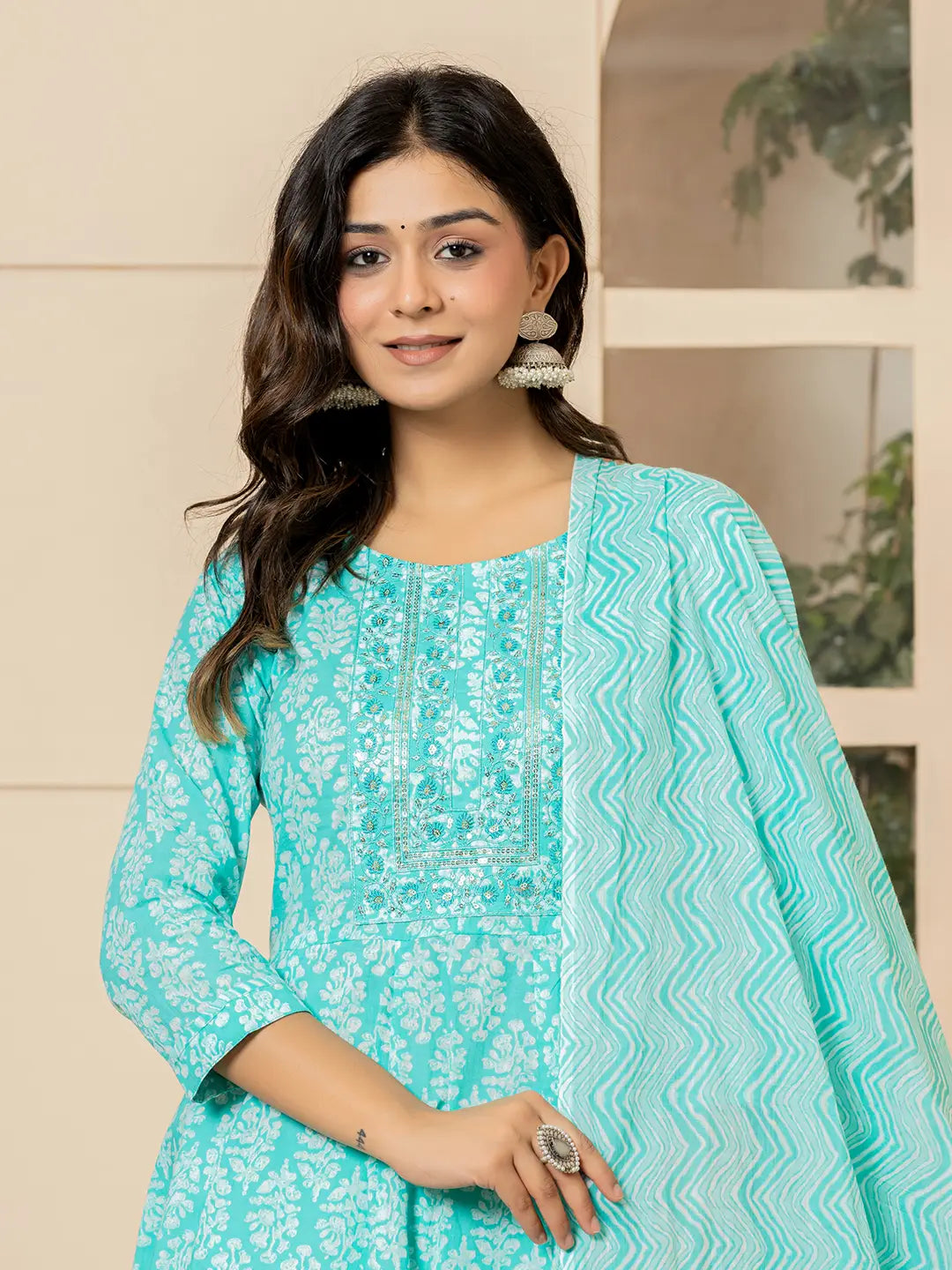 Yufta Turquoise Embroidered Pure Cotton Anarkali Kurta Trouser With Dupatta Set