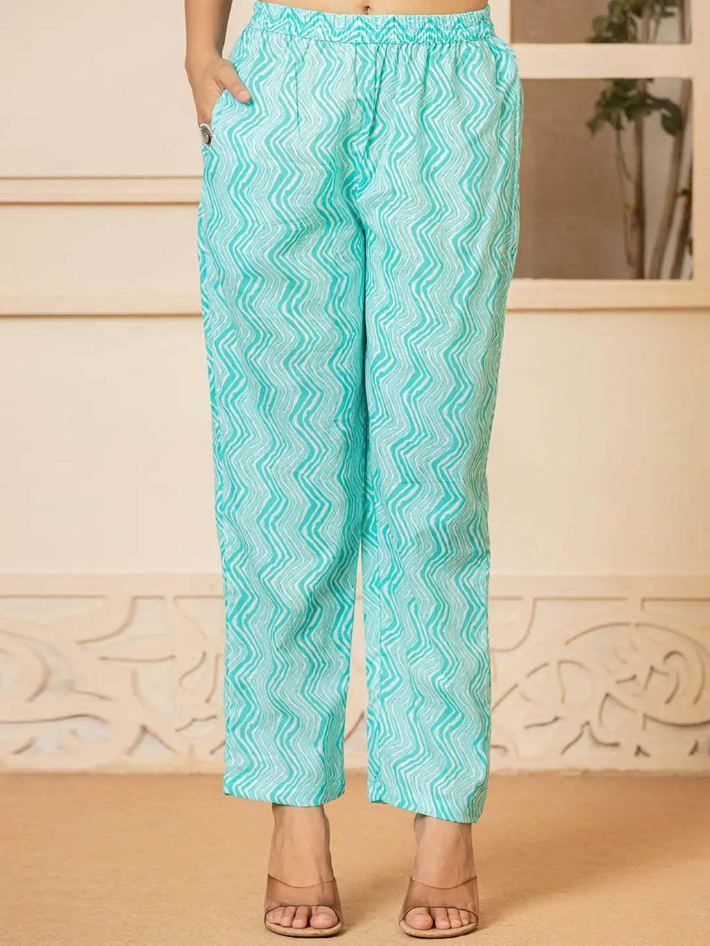 Yufta Turquoise Embroidered Pure Cotton Anarkali Kurta Trouser With Dupatta Set