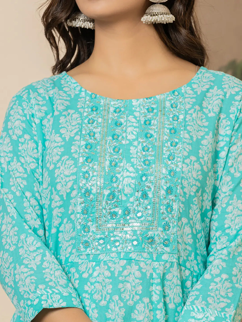Yufta Turquoise Embroidered Pure Cotton Anarkali Kurta Trouser With Dupatta Set
