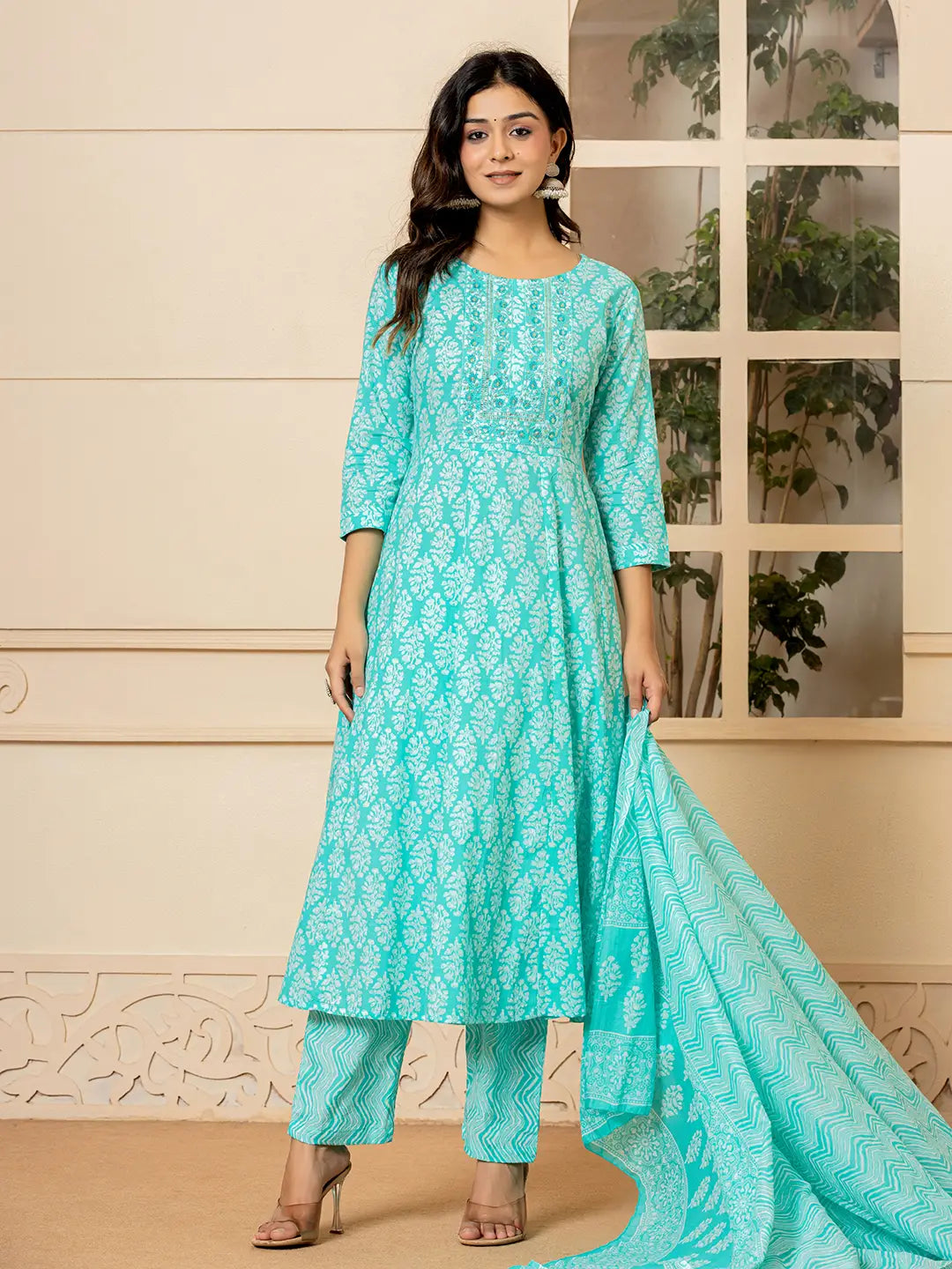 Yufta Turquoise Embroidered Pure Cotton Anarkali Kurta Trouser With Dupatta Set
