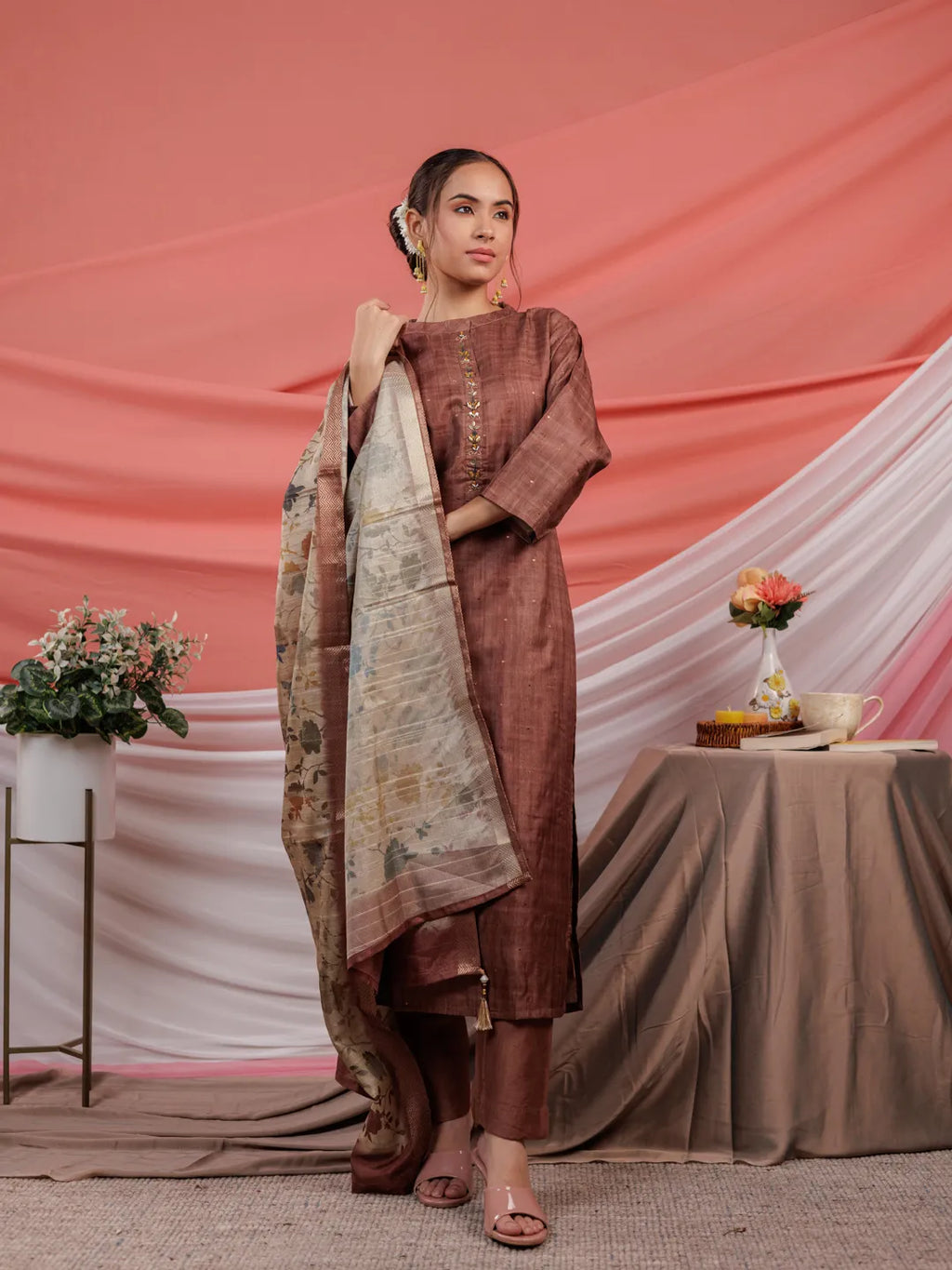 Yufta Tussar Silk Rust Kurta Dupatta Set