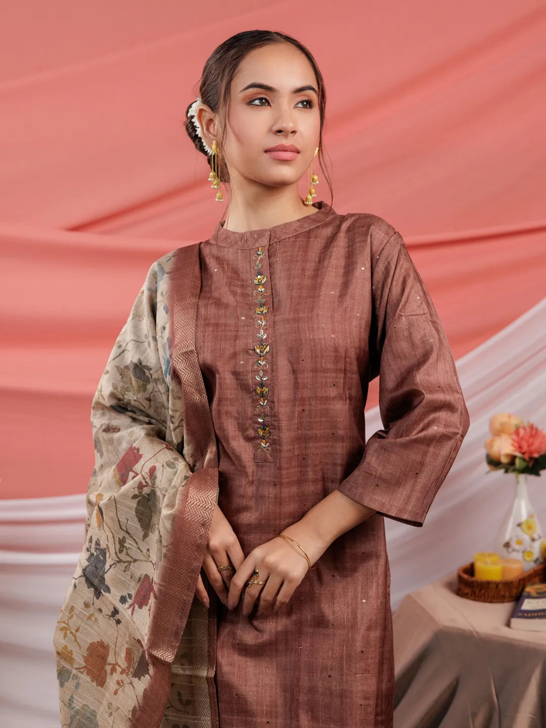 Yufta Tussar Silk Rust Kurta Dupatta Set