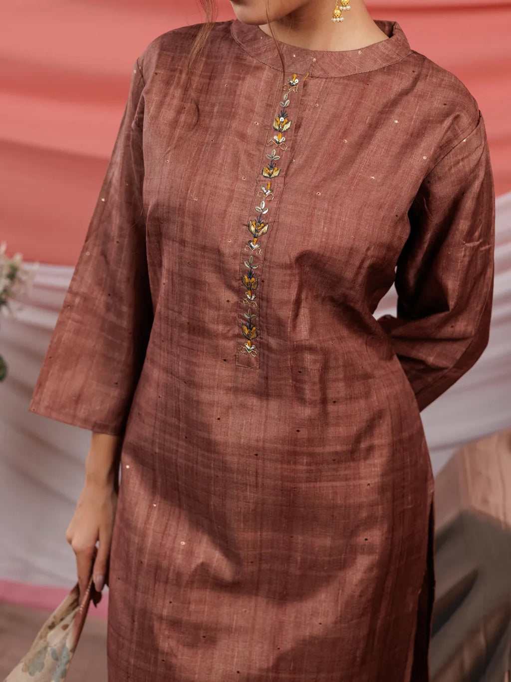 Yufta Tussar Silk Rust Kurta Dupatta Set