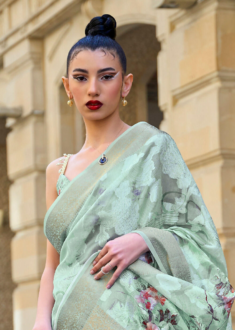 Lovely Teal Blue Polly Brasso Designer Saree - Emponline