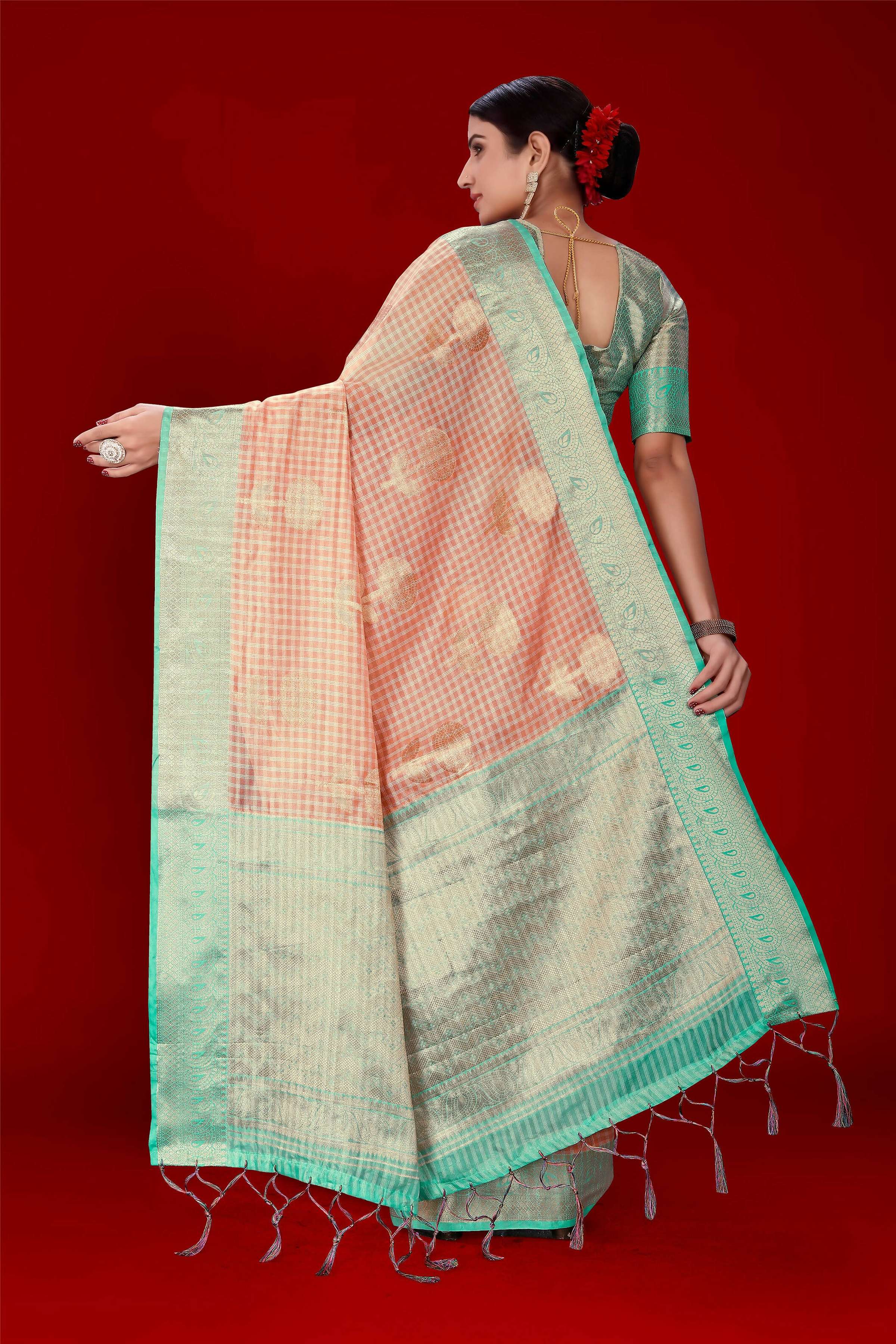 Orange Soft Organza Woven Design Saree With Unstitched Blouse Piece - Zaara